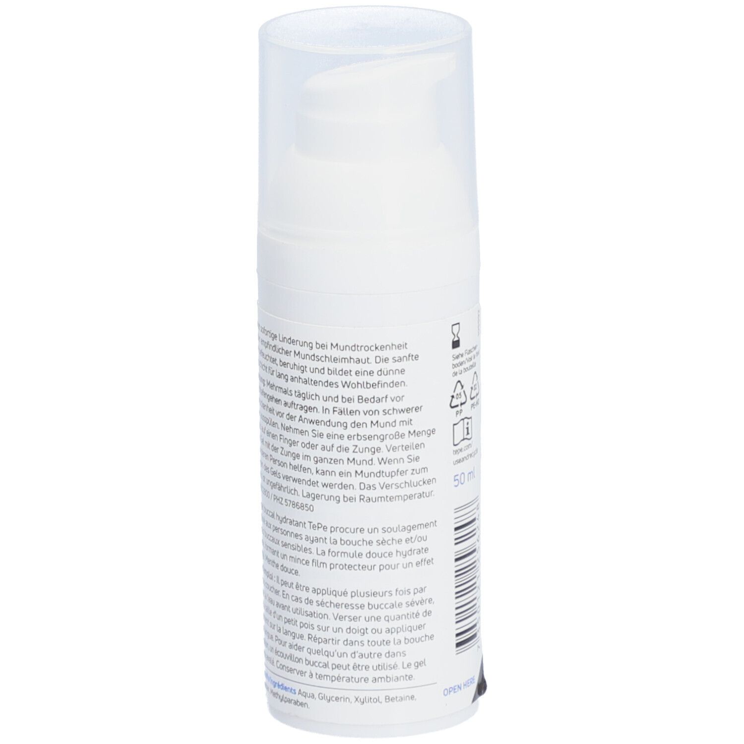 Distributeur blanc, dos avec texte. Texte en allemand et français. Indication de volume 50 ml.