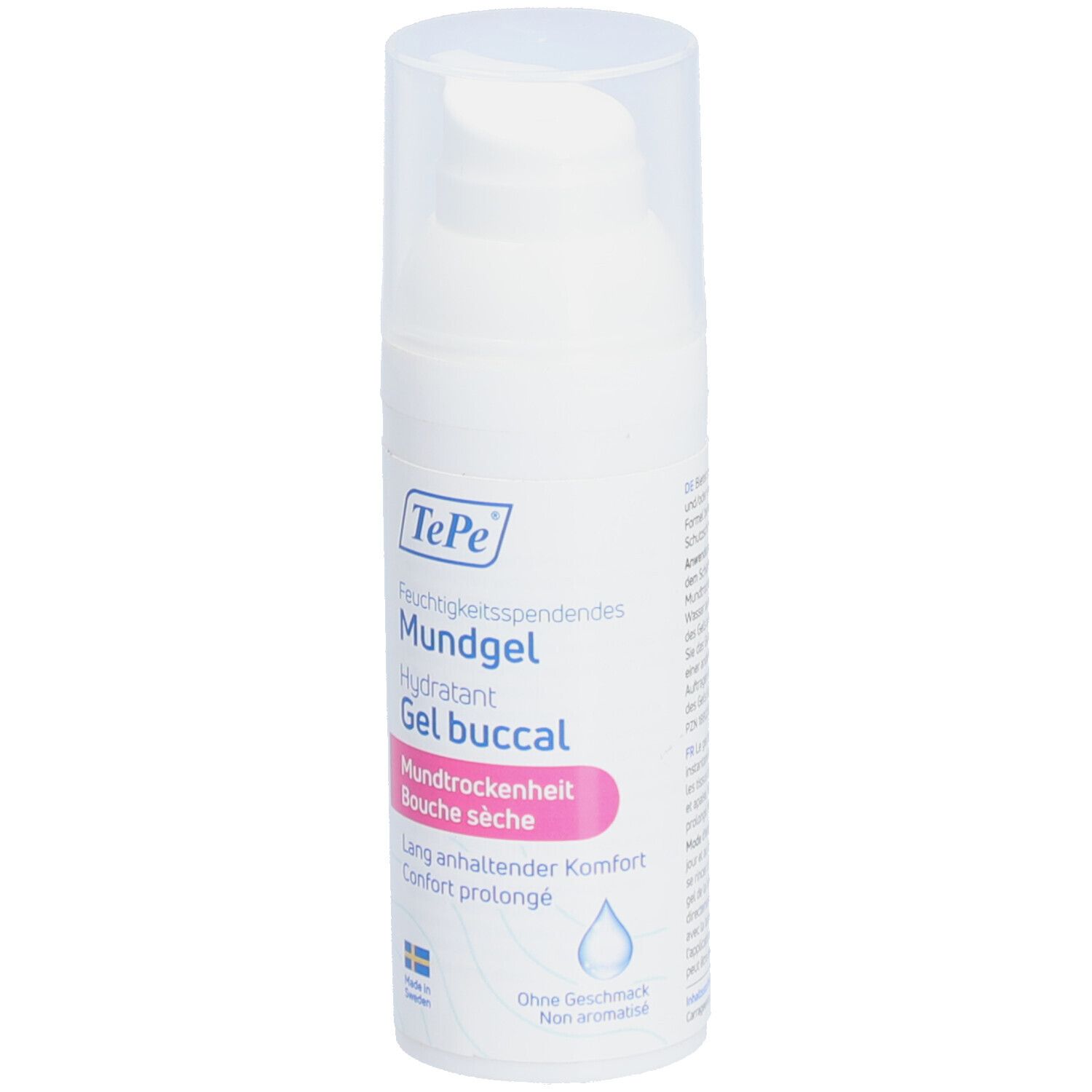 Distributeur blanc avec inscription TePe, Mundgel, Hydratant, Gel buccal. Étiquette rose avec texte. Couvercle transparent.