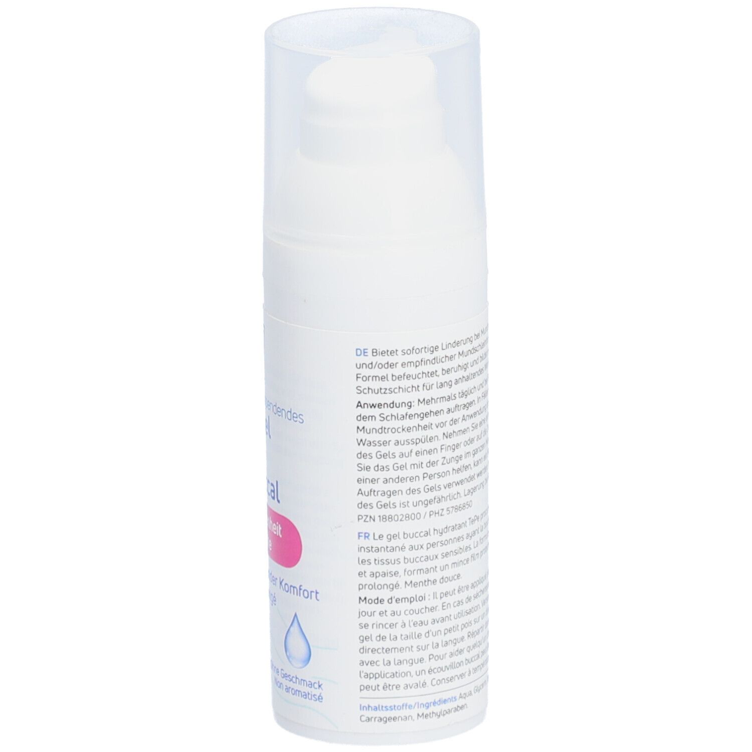 Distributeur blanc, dos avec texte. Texte en allemand et français. Indication de volume 50 ml.