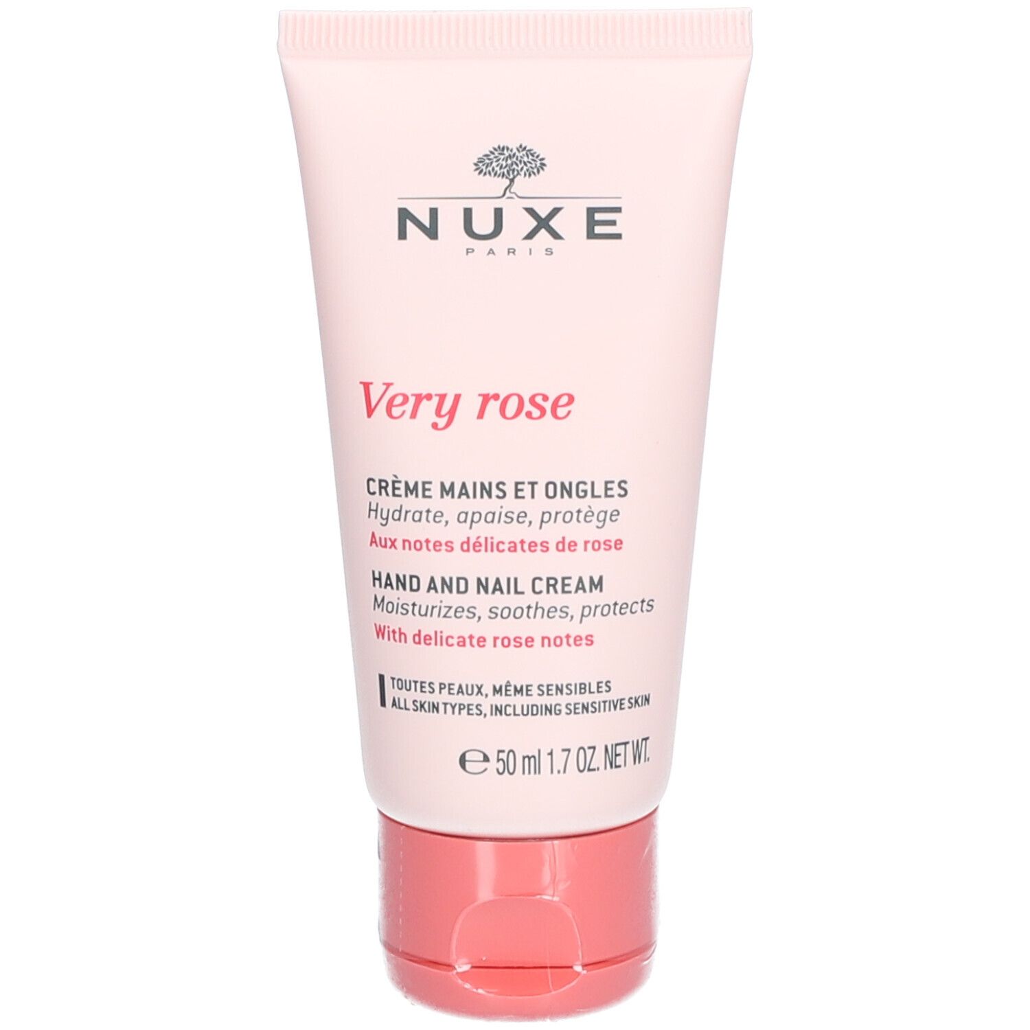 Tube rose avec texte blanc. NUXE Very Rose Crème Mains et Ongles. 50 ml. Pour tous types de peaux.