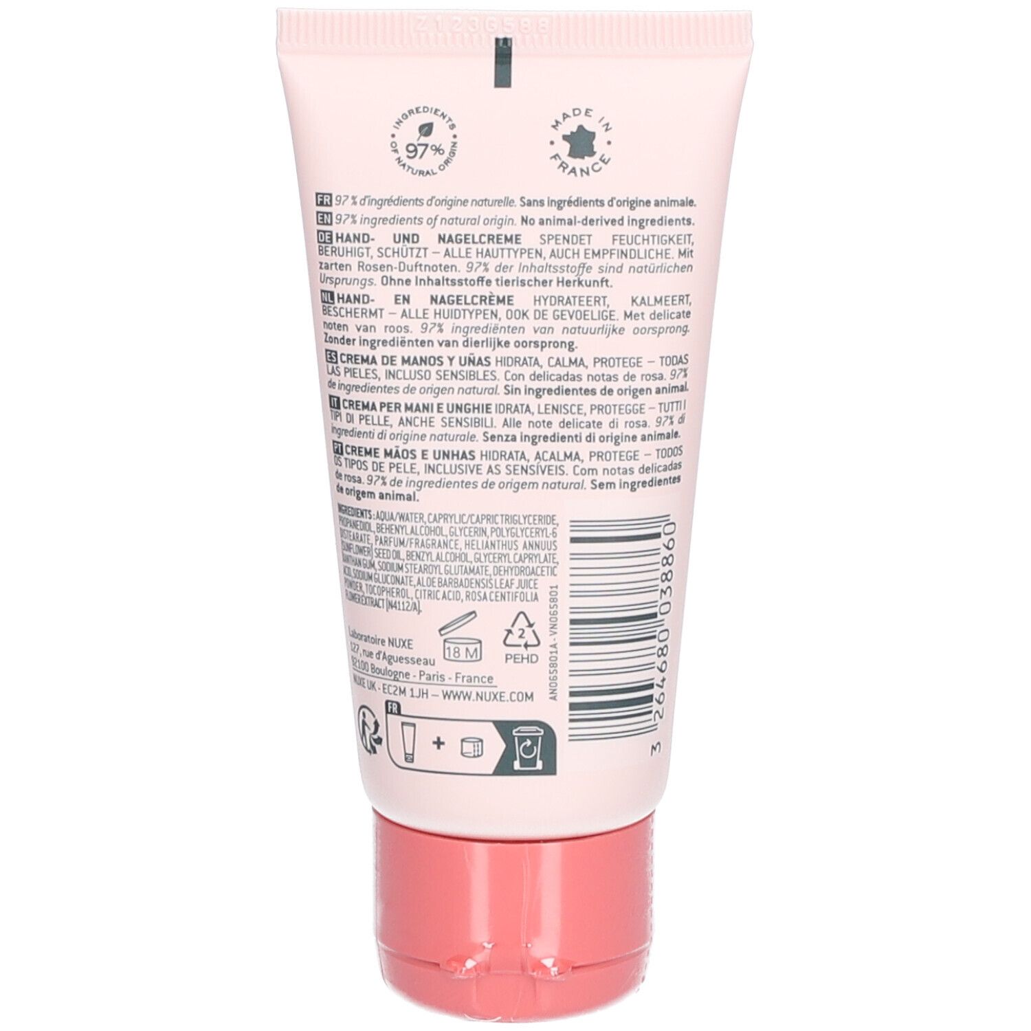 Dos d'un tube rose. Texte multilingue. Fabriqué en France. Code-barres.