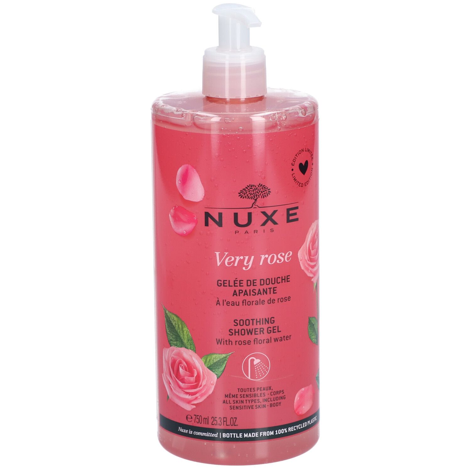 Gel douche NUXE Very Rose. Flacon rose avec pompe doseuse. Nom du produit et roses. Texte: 'GELÉE DE DOUCHE APAISANTE'.
