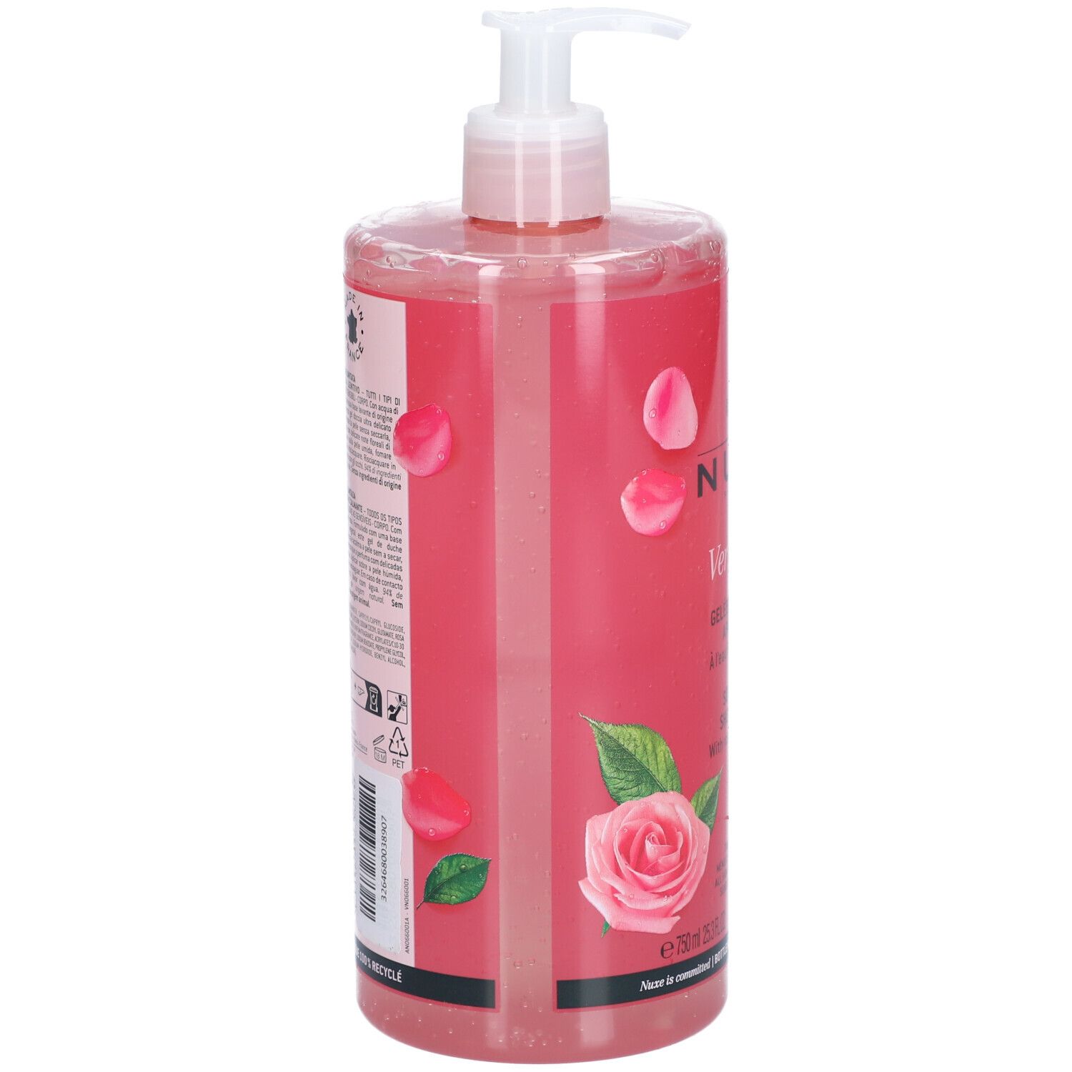 Gel douche NUXE Very Rose. Flacon rose avec pompe doseuse. Nom du produit et rose. Texte et informations au dos.