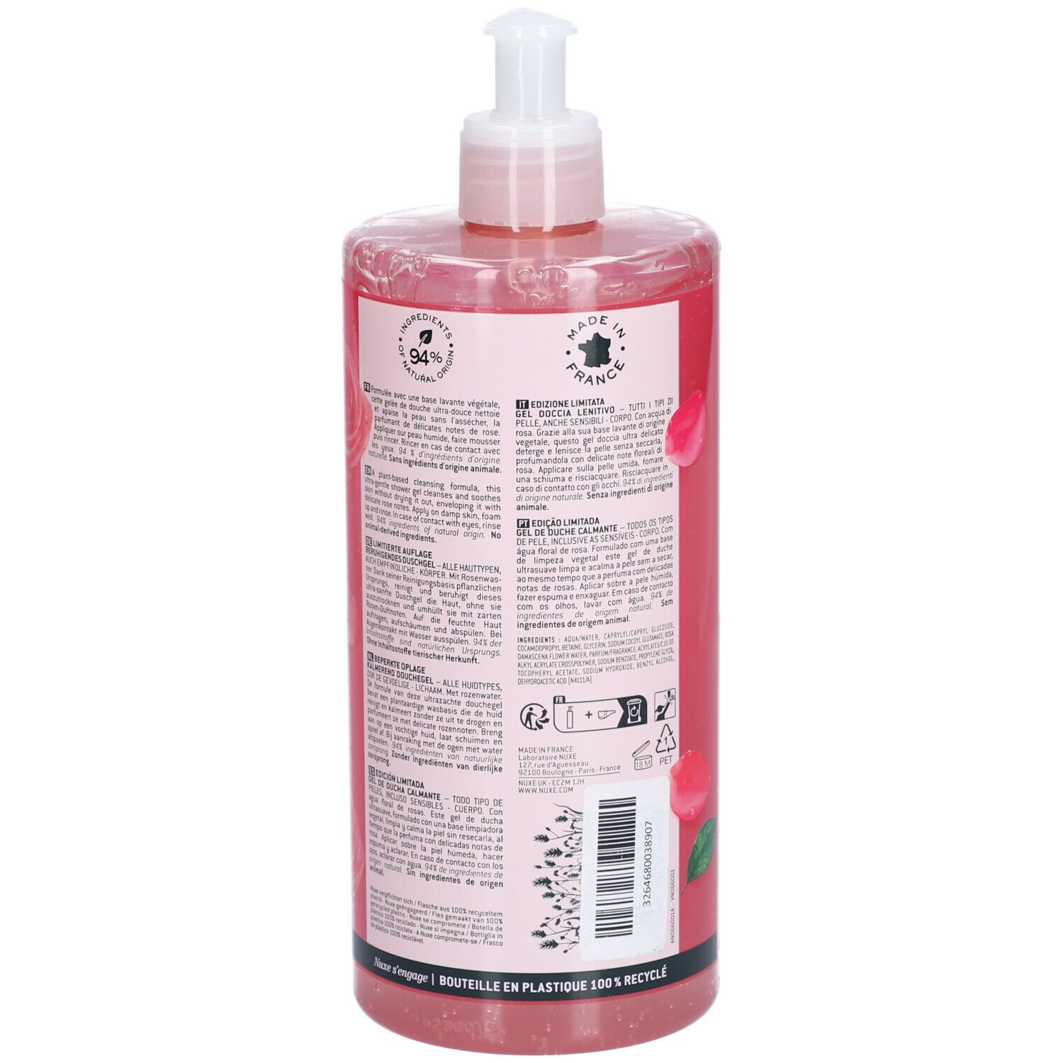 Dos du gel douche NUXE Very Rose. Flacon rose avec pompe doseuse. Texte et informations. Fabriqué en France.