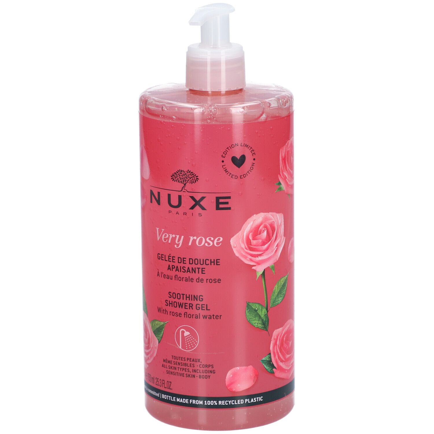 Gel douche NUXE Very Rose. Flacon rose avec pompe doseuse. Nom du produit et roses. Texte: 'GELÉE DE DOUCHE APAISANTE'.