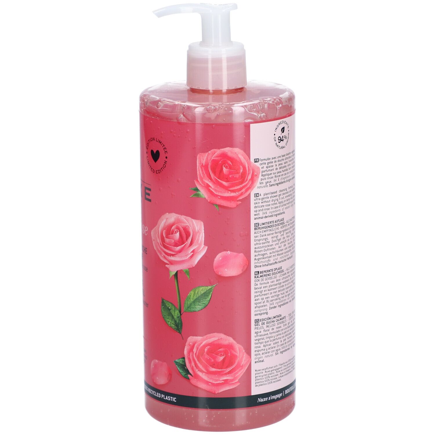 Dos du gel douche NUXE Very Rose. Flacon rose avec pompe doseuse. Texte et informations. 94% d'ingrédients d'origine naturelle.