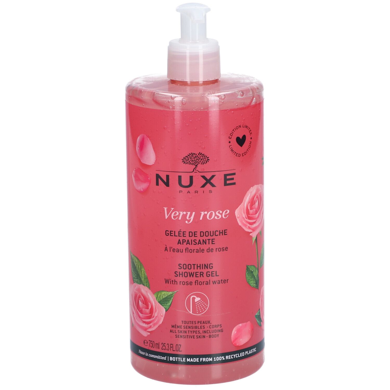 Gel douche NUXE Very Rose. Flacon rose avec pompe doseuse. Nom du produit et roses. Texte: 'GELÉE DE DOUCHE APAISANTE'.
