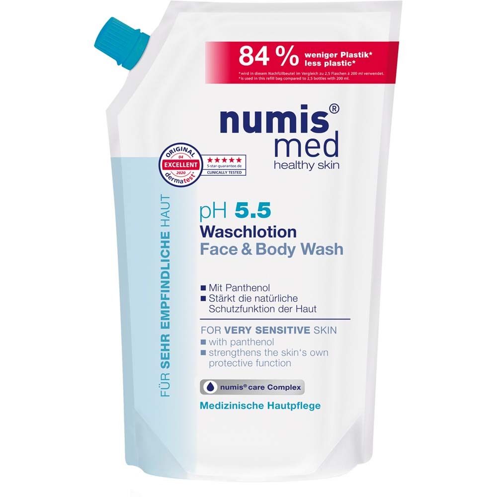Pochette de recharge pour numis med pH 5.5 Lotion lavante Visage & Corps avec panthénol pour peaux sensibles.