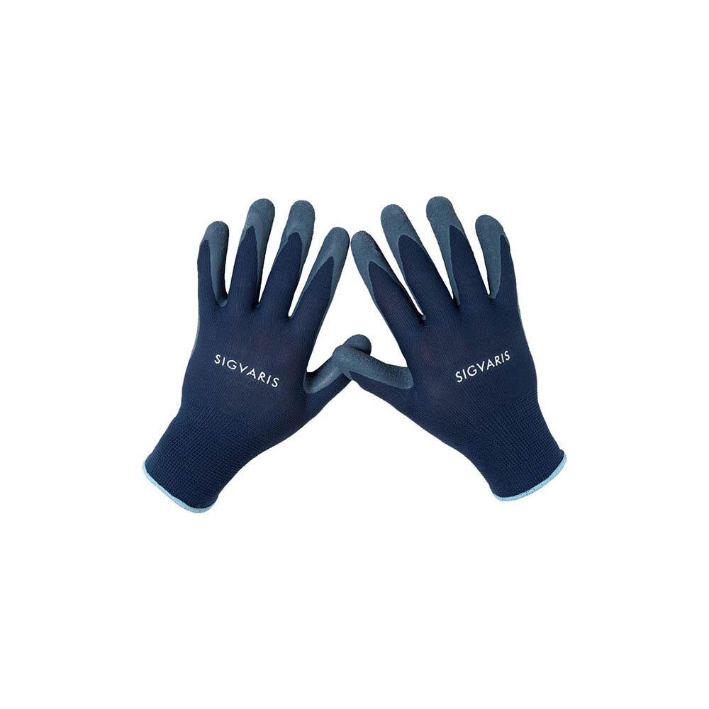 Gants bleus avec bouts des doigts bleu foncé. Inscription SIGVARIS. Taille S.
