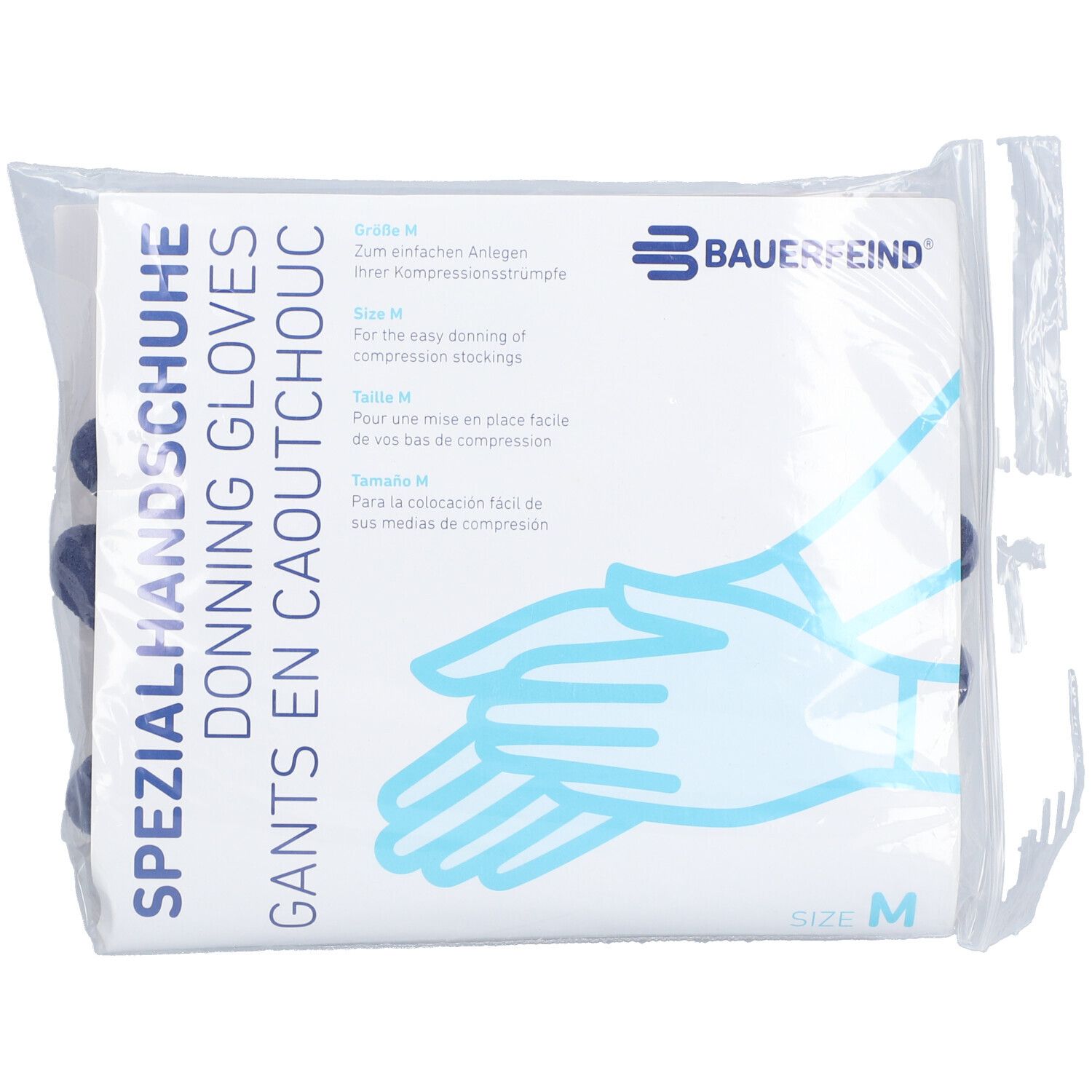 Gants spéciaux dans un emballage plastique. Inscription: DONNING GLOVES, taille M. Marque: Bauerfeind. Gants bleus.