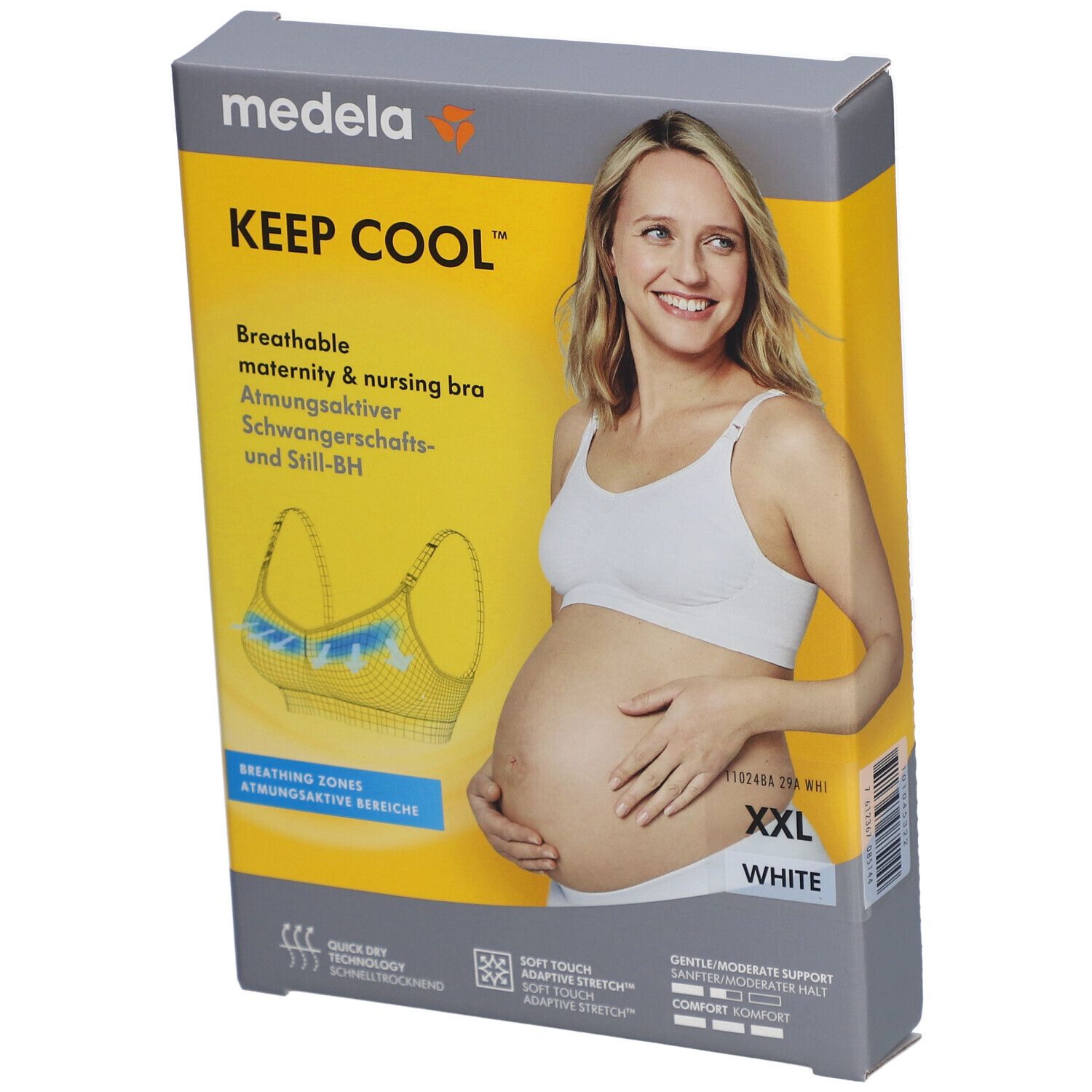 Boîte du soutien-gorge d'allaitement et de grossesse medela Keep Cool™. Inscription: XXL, blanc. Image d'une femme portant le soutien-gorge.