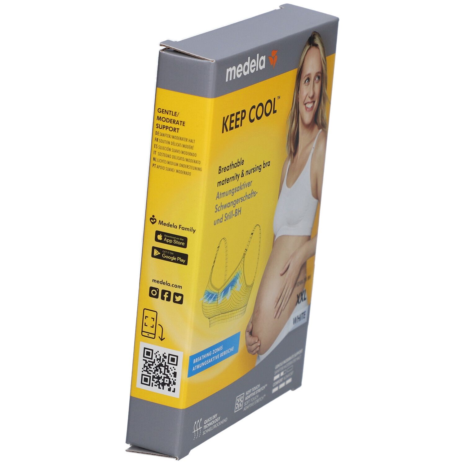 Vue latérale de la boîte du soutien-gorge medela Keep Cool™. Inscription: Keep Cool™, XXL, blanc. Image d'une femme.