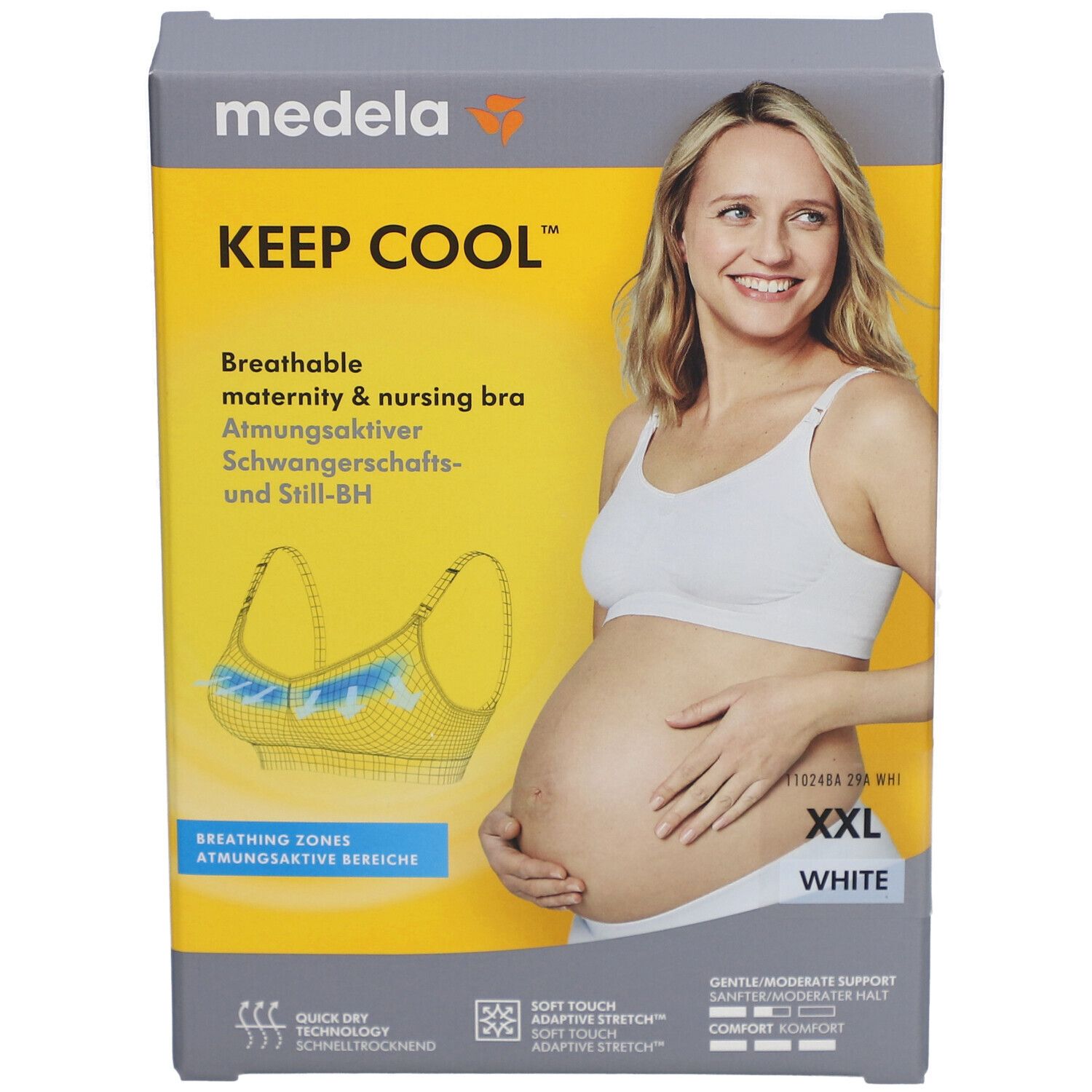 Boîte du soutien-gorge d'allaitement et de grossesse medela Keep Cool™. Inscription: XXL, blanc. Image d'une femme portant le soutien-gorge.
