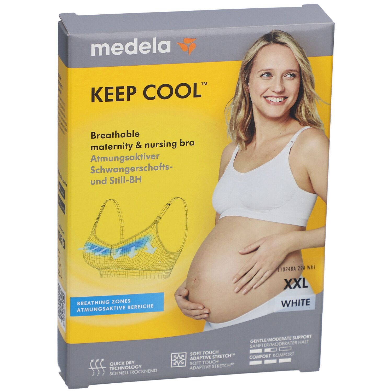 Boîte du soutien-gorge d'allaitement et de grossesse medela Keep Cool™. Inscription: XXL, blanc. Image d'une femme portant le soutien-gorge.