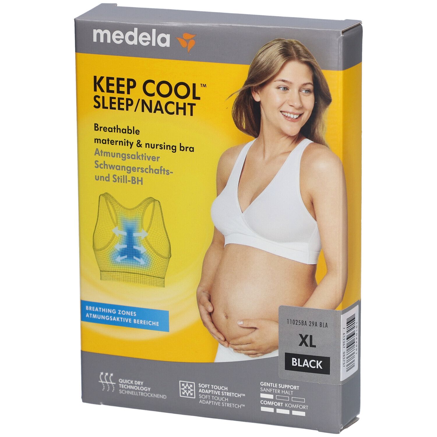 Emballage du soutien-gorge d'allaitement Medela Keep Cool Sleep/Nacht. Contient un soutien-gorge XL noir. Inscriptions : Soutien-gorge d'allaitement respirant, femme.