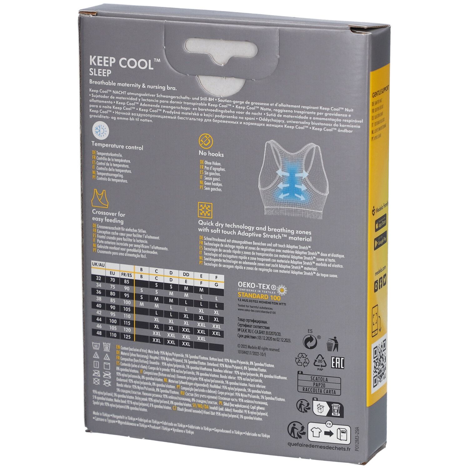 Dos de l'emballage du soutien-gorge d'allaitement Medela Keep Cool Sleep/Nacht. Contient des informations sur les tailles, les caractéristiques et les certifications.