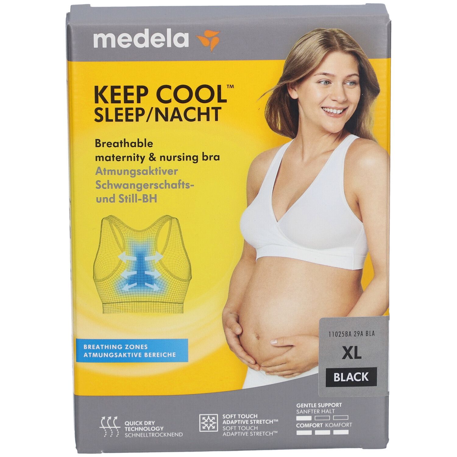 Emballage du soutien-gorge d'allaitement Medela Keep Cool Sleep/Nacht. Contient un soutien-gorge XL noir. Inscriptions : Soutien-gorge d'allaitement respirant, femme.