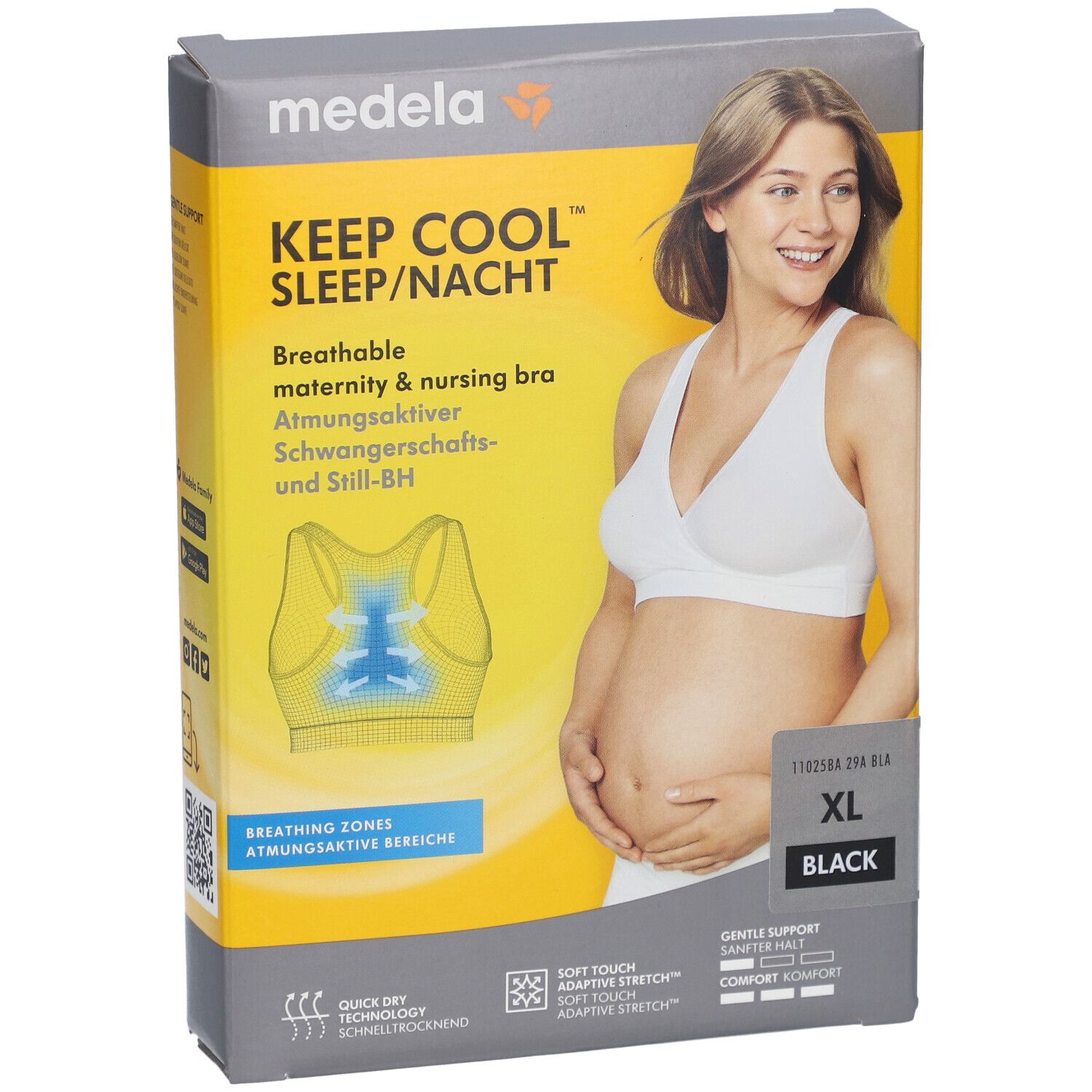 Emballage du soutien-gorge d'allaitement Medela Keep Cool Sleep/Nacht. Contient un soutien-gorge XL noir. Inscriptions : Soutien-gorge d'allaitement respirant, femme.