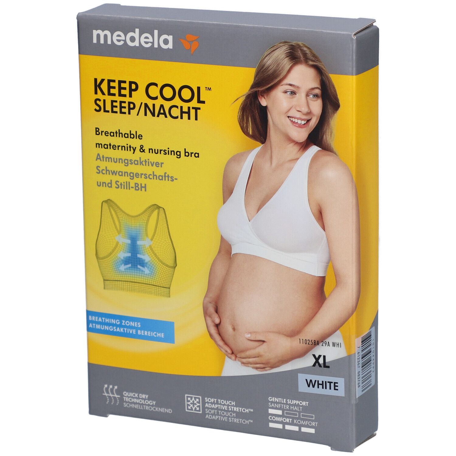 Boîte du soutien-gorge Keep Cool. Inscription : XL, blanc. Image d'une femme portant le soutien-gorge. Texte : Soutien-gorge d'allaitement respirant.