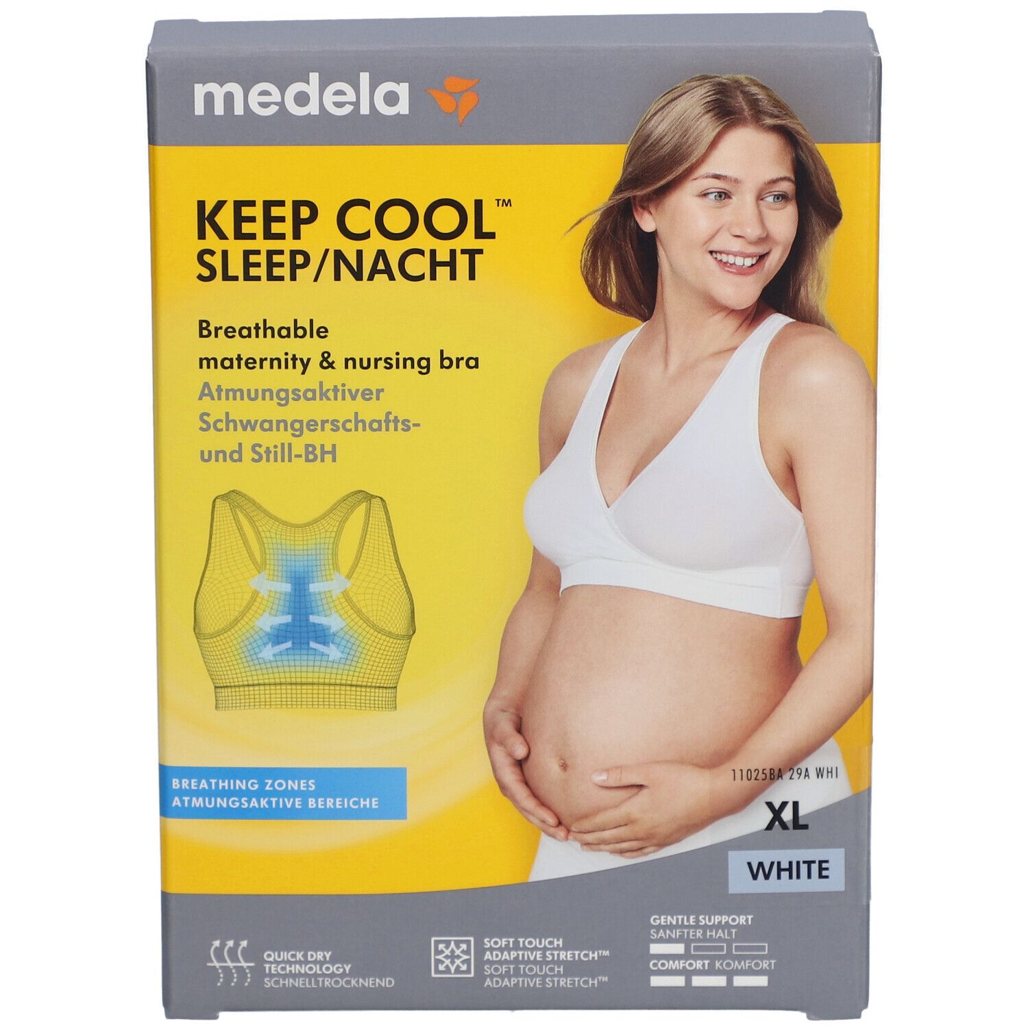 Boîte du soutien-gorge Keep Cool. Inscription : XL, blanc. Image d'une femme portant le soutien-gorge. Texte : Soutien-gorge d'allaitement respirant.