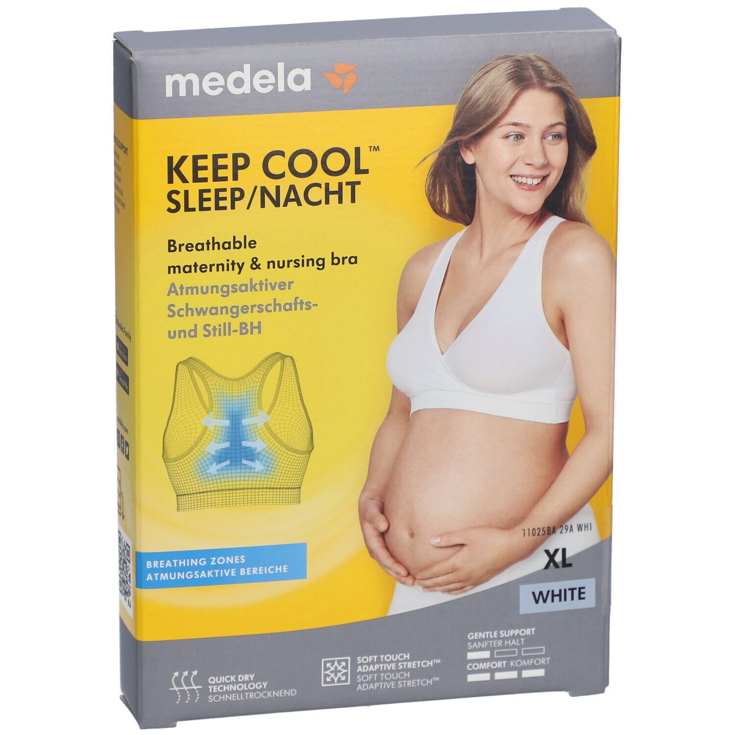 Boîte du soutien-gorge Keep Cool. Inscription : XL, blanc. Image d'une femme portant le soutien-gorge. Texte : Soutien-gorge d'allaitement respirant.