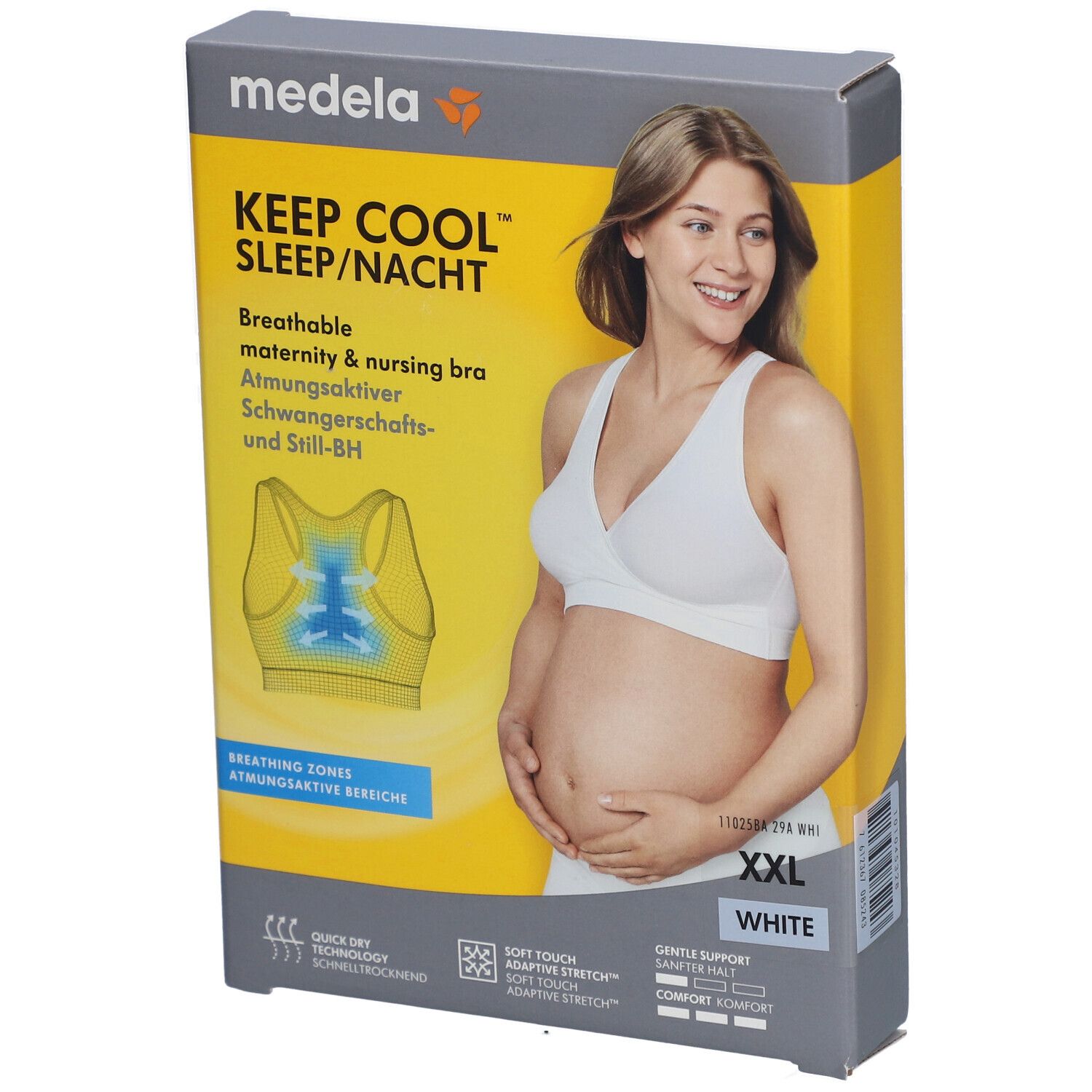 Emballage du soutien-gorge de nuit Medela Keep Cool. Femme en soutien-gorge blanc. Taille XXL. Inscription : Soutien-gorge d'allaitement respirant.
