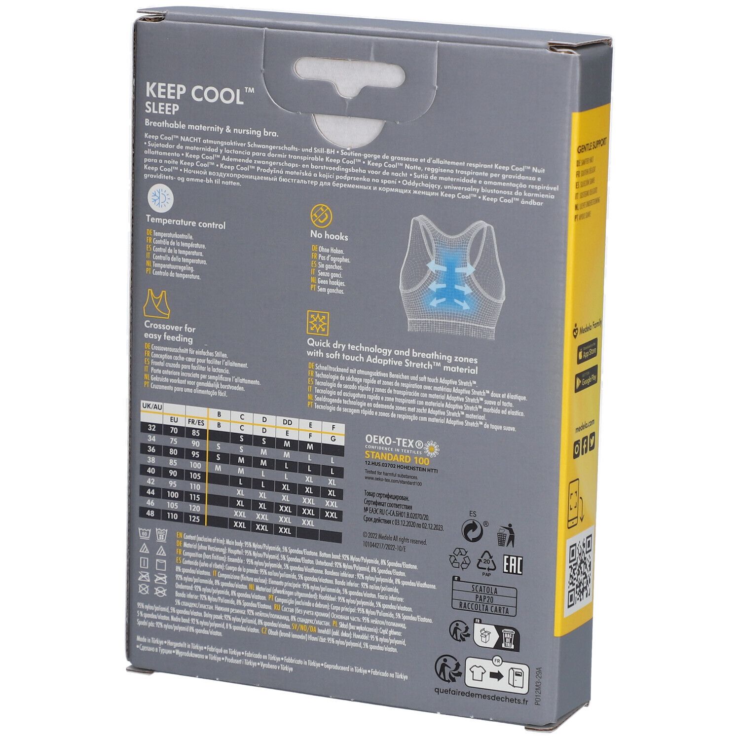 Dos de l'emballage du soutien-gorge de nuit Medela Keep Cool. Informations sur les tailles, caractéristiques du produit, certification OEKO-TEX Standard 100.