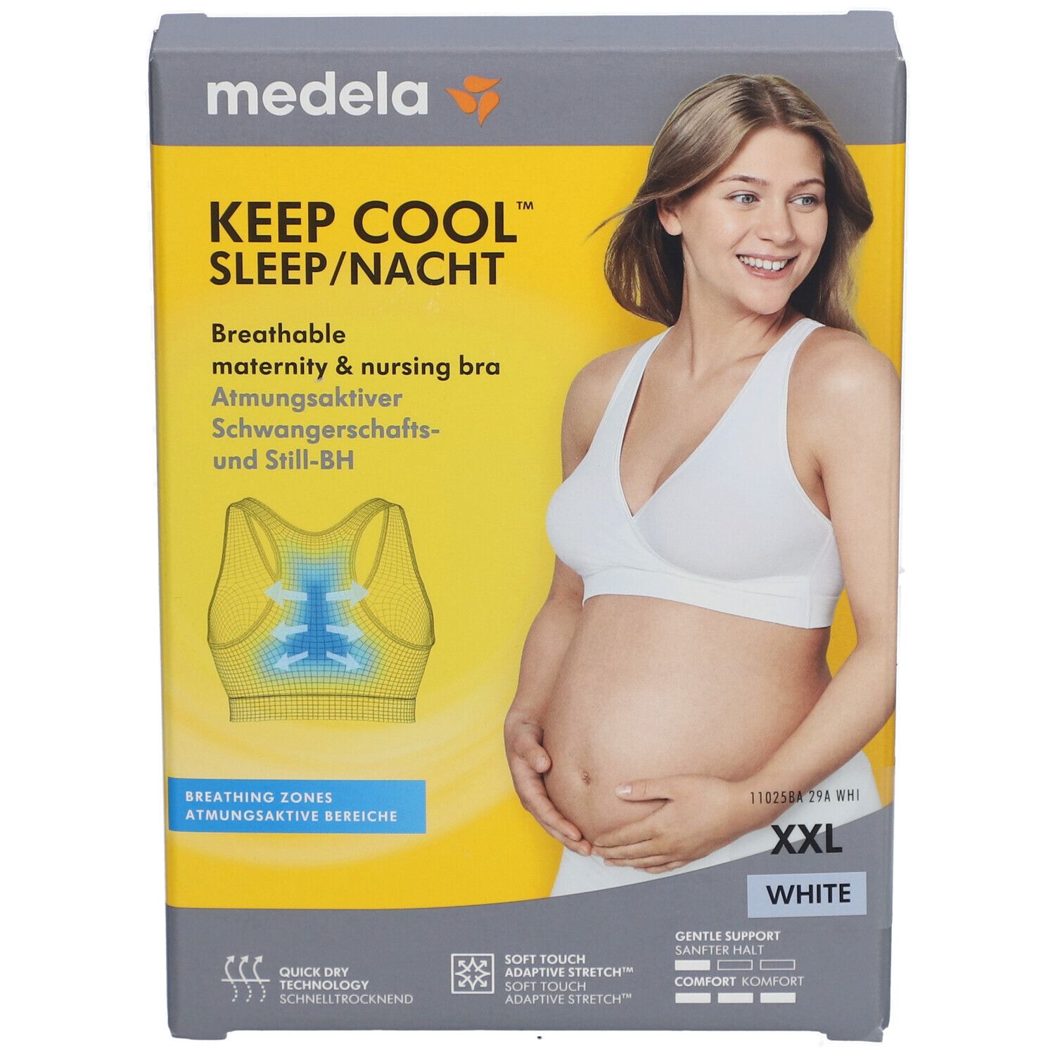 Emballage du soutien-gorge de nuit Medela Keep Cool. Femme en soutien-gorge blanc. Taille XXL. Inscription : Soutien-gorge d'allaitement respirant.