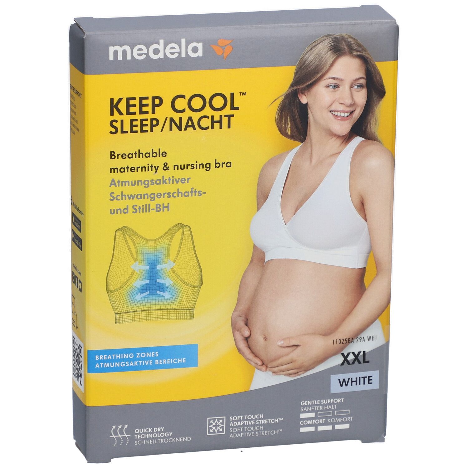 Emballage du soutien-gorge de nuit Medela Keep Cool. Femme en soutien-gorge blanc. Taille XXL. Inscription : Soutien-gorge d'allaitement respirant.