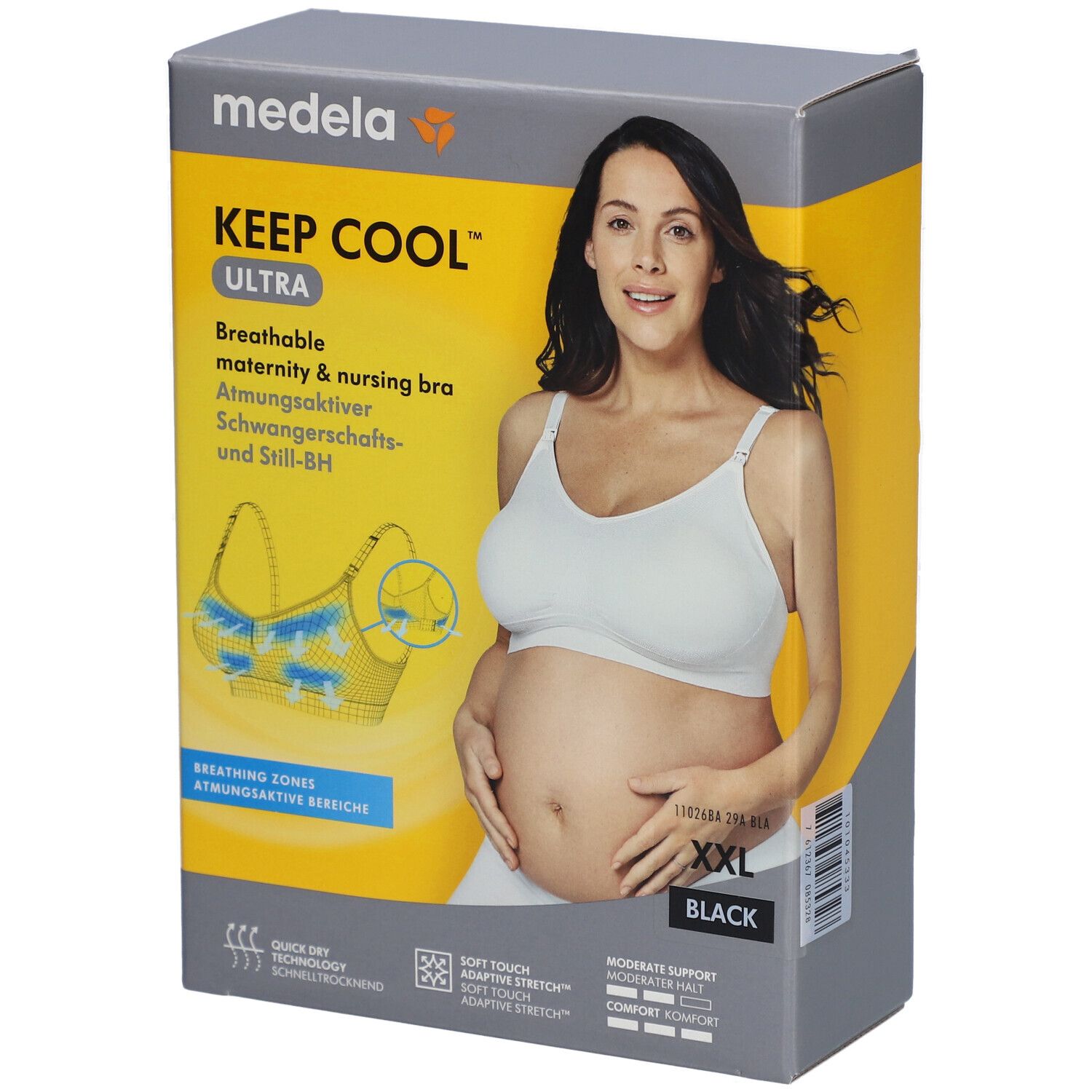 Emballage du soutien-gorge medela Keep Cool Ultra. Inscription: XXL, noir. Image d'une femme enceinte portant le soutien-gorge.