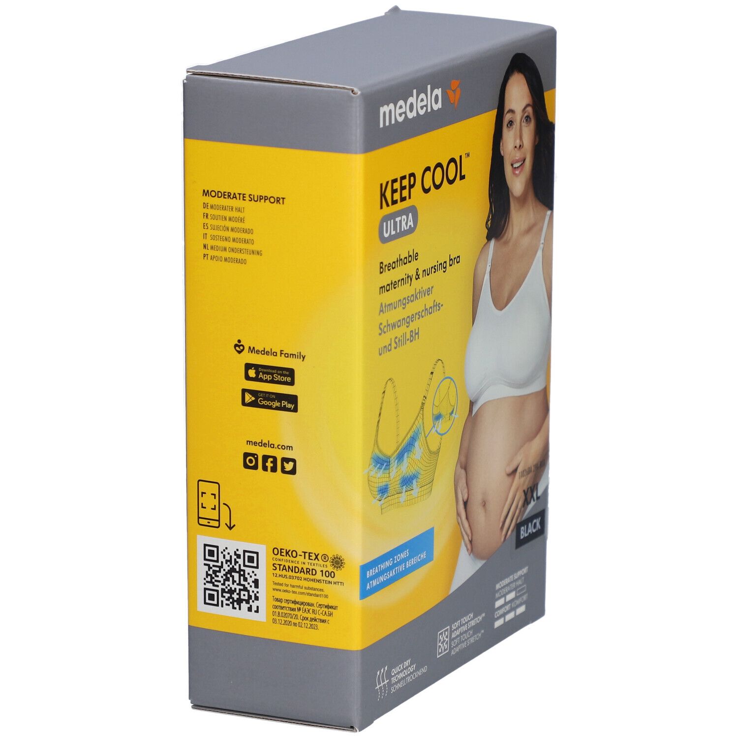 Emballage du soutien-gorge medela Keep Cool Ultra. Inscription: XXL, noir. Logo et code QR. Oeko-Tex Standard 100.
