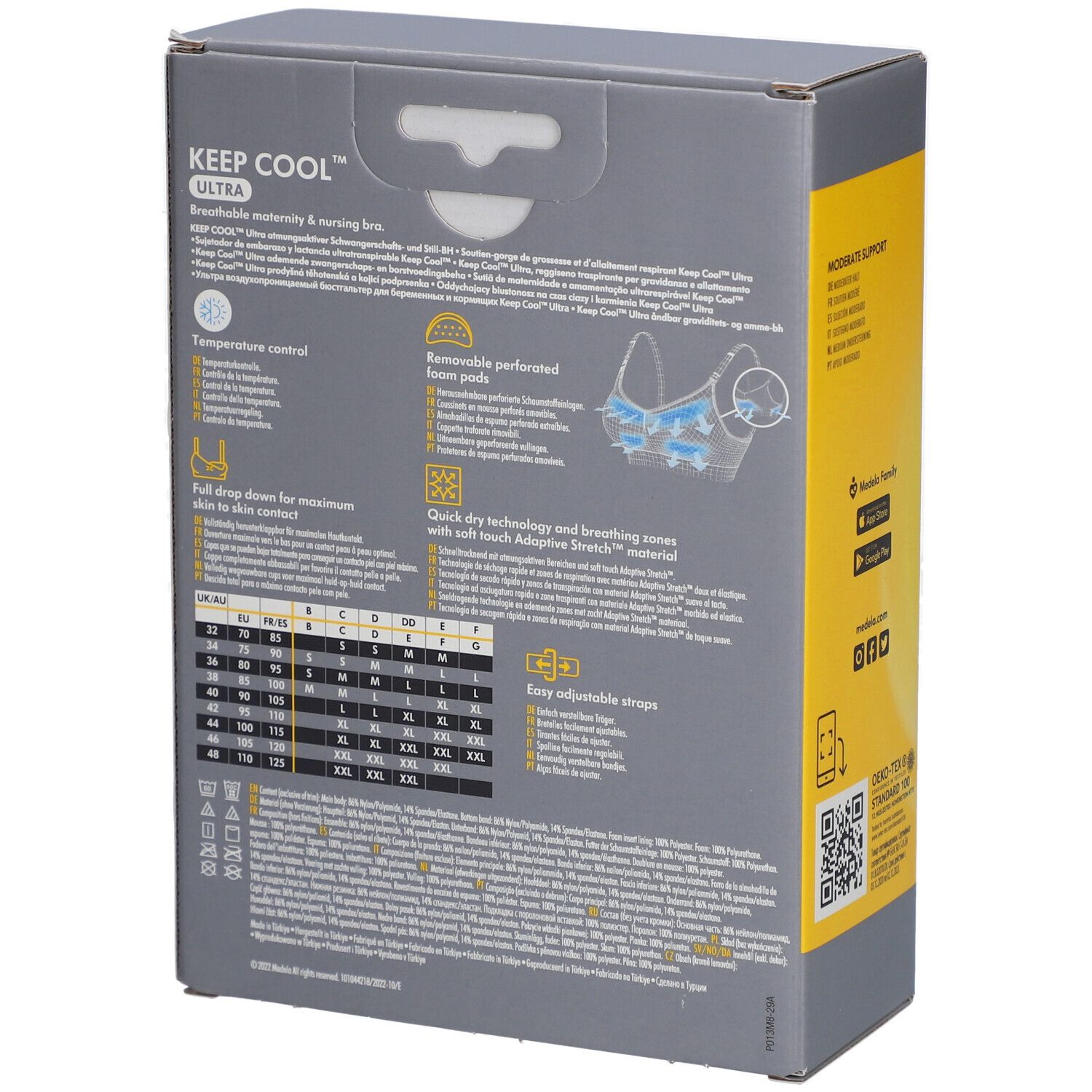 Dos de l'emballage du soutien-gorge medela Keep Cool Ultra. Informations sur les tailles, informations sur le produit et logos.