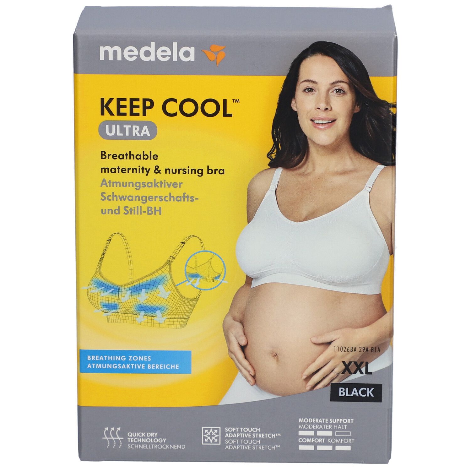 Emballage du soutien-gorge medela Keep Cool Ultra. Inscription: XXL, noir. Image d'une femme enceinte portant le soutien-gorge.