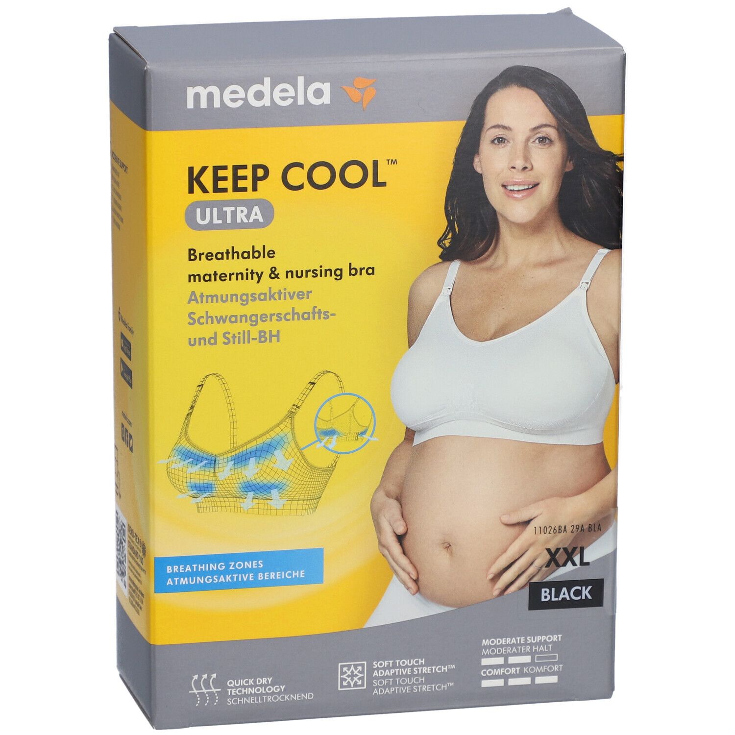Emballage du soutien-gorge medela Keep Cool Ultra. Inscription: XXL, noir. Image d'une femme enceinte portant le soutien-gorge.