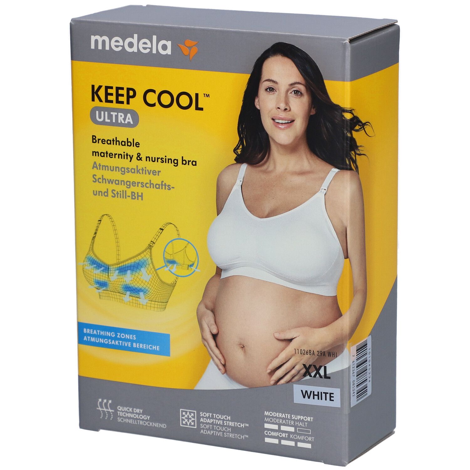 Emballage. Soutien-gorge d'allaitement Medela Keep Cool Ultra, blanc, XXL. Femme portant le soutien-gorge. Caractéristiques et tailles.