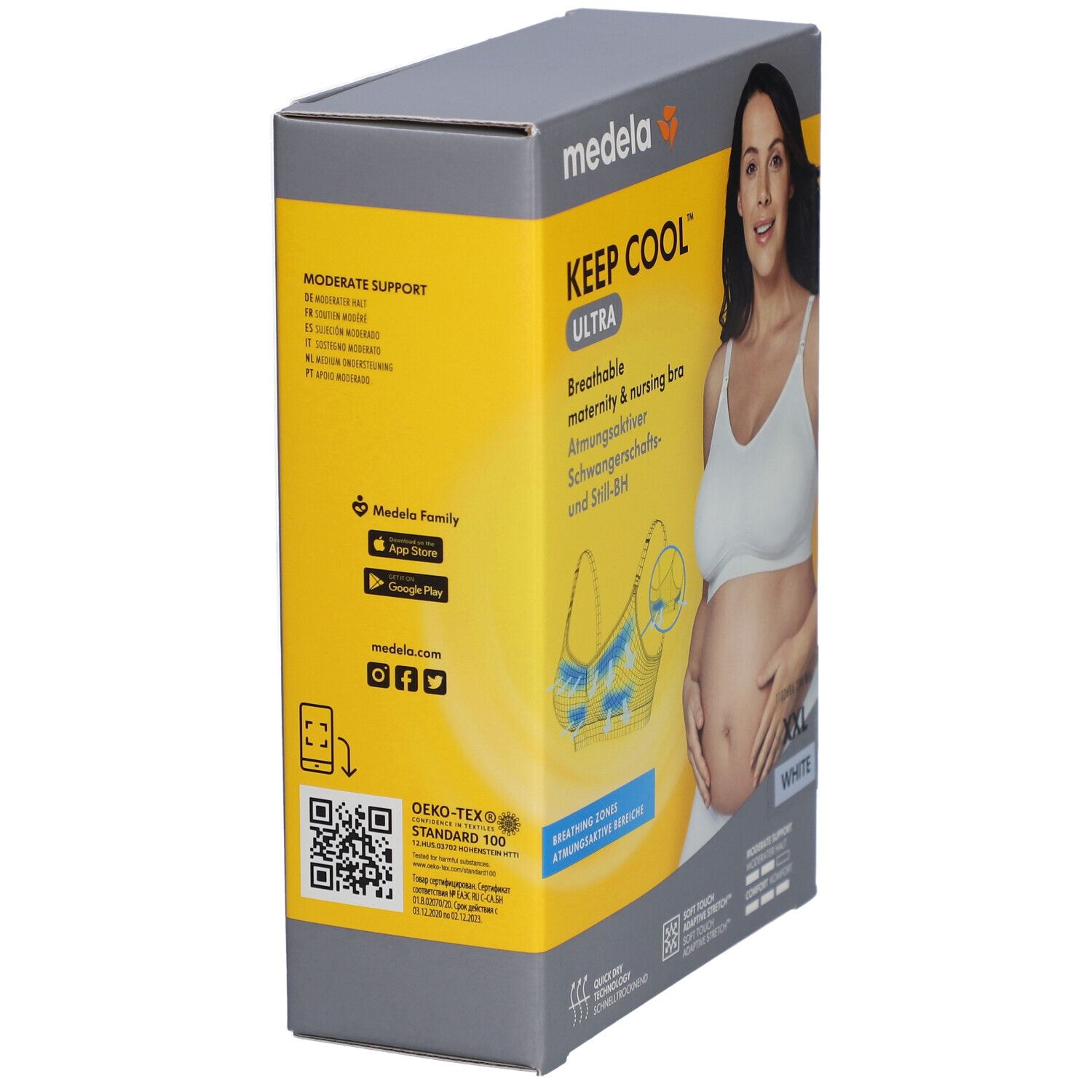 Emballage. Soutien-gorge d'allaitement Medela Keep Cool Ultra, blanc, XXL. Vue latérale avec informations, QR code et logo.