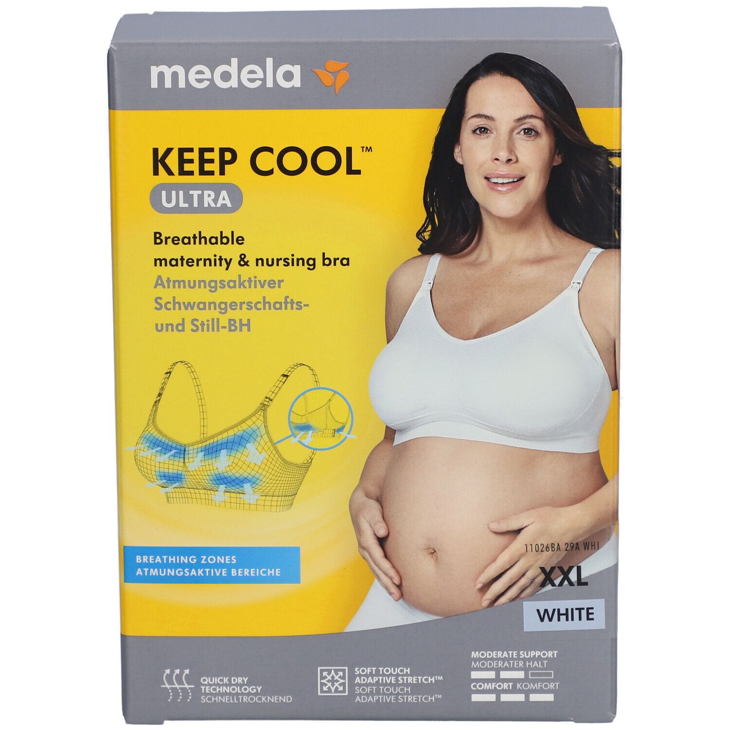 Emballage. Soutien-gorge d'allaitement Medela Keep Cool Ultra, blanc, XXL. Vue avant avec image et taille.