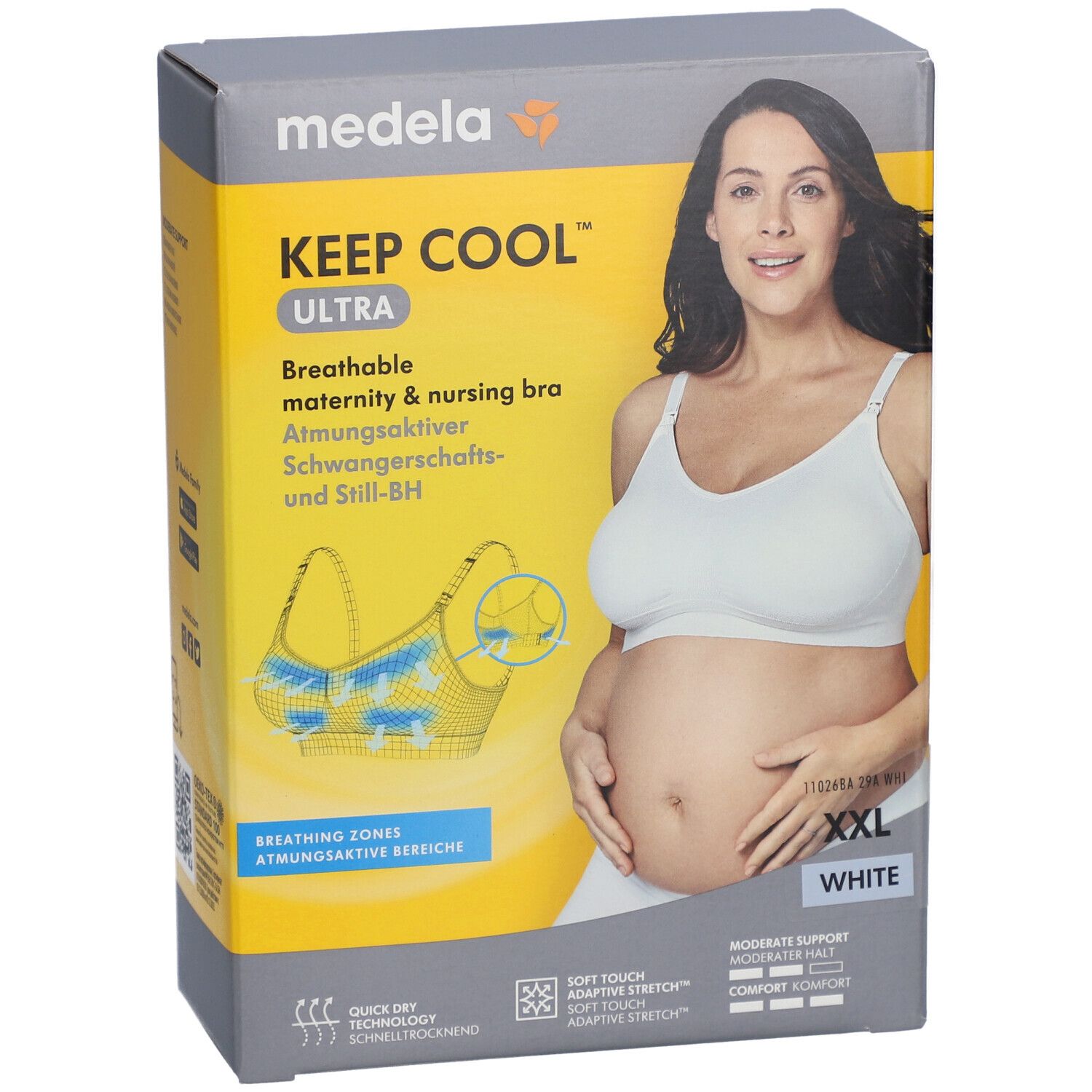 Emballage. Soutien-gorge d'allaitement Medela Keep Cool Ultra, blanc, XXL. Vue avant avec image et taille.
