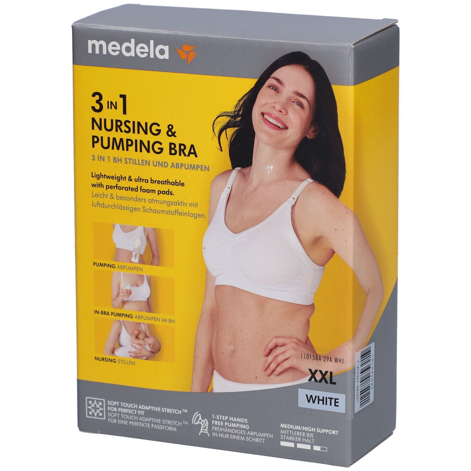 Emballage. Soutien-gorge d'allaitement et de pompage, blanc, XXL. Marque Medela. Femme portant le soutien-gorge. Texte: 3 en 1 Nursing & Pumping Bra.