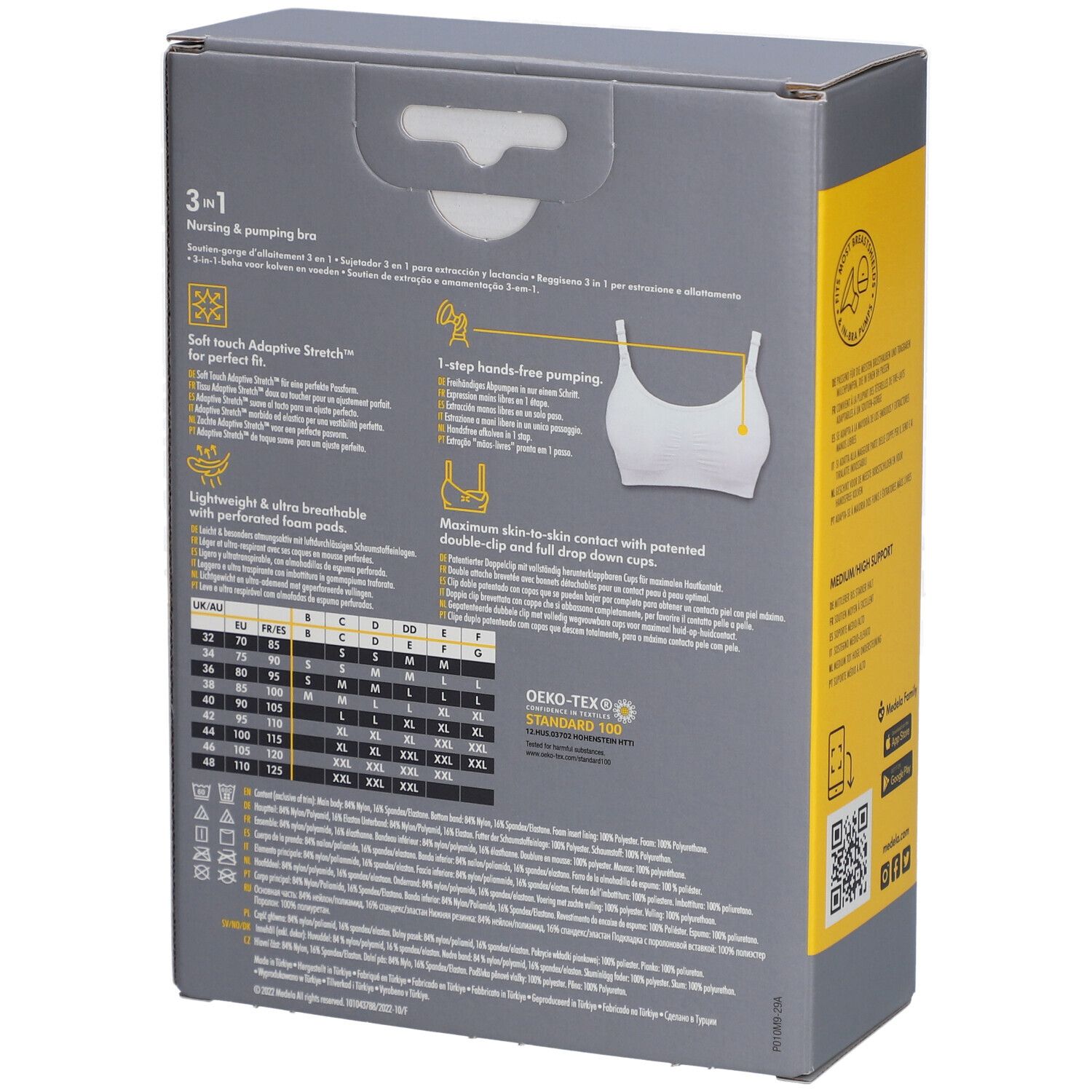 Emballage. Dos avec informations de taille et texte. Marque Medela. 3 en 1 Nursing & Pumping Bra. Oeko-Tex Standard 100.