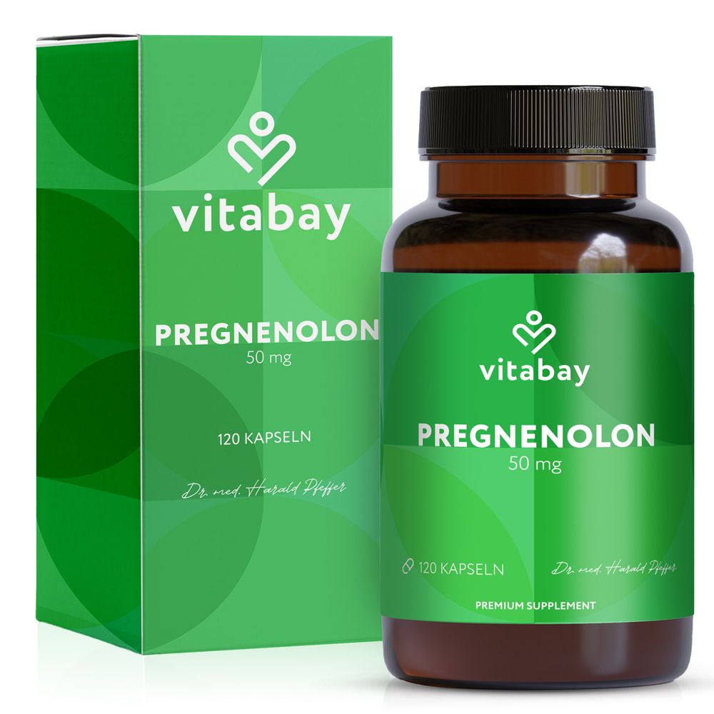 Boîte verte et flacon brun de gélules. Inscription : Vitabay Pregnenolone 50 mg, 120 gélules.