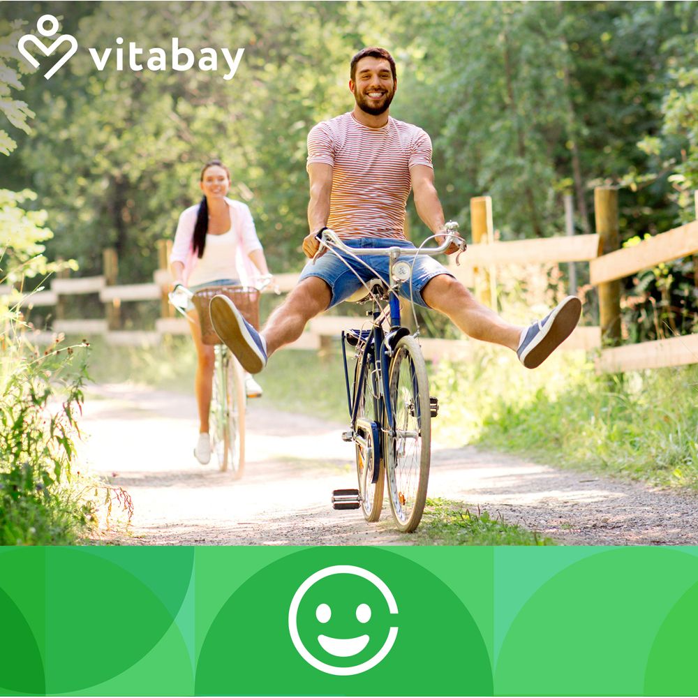Homme et femme font du vélo. Logo : Vitabay. Légende : Smiley.