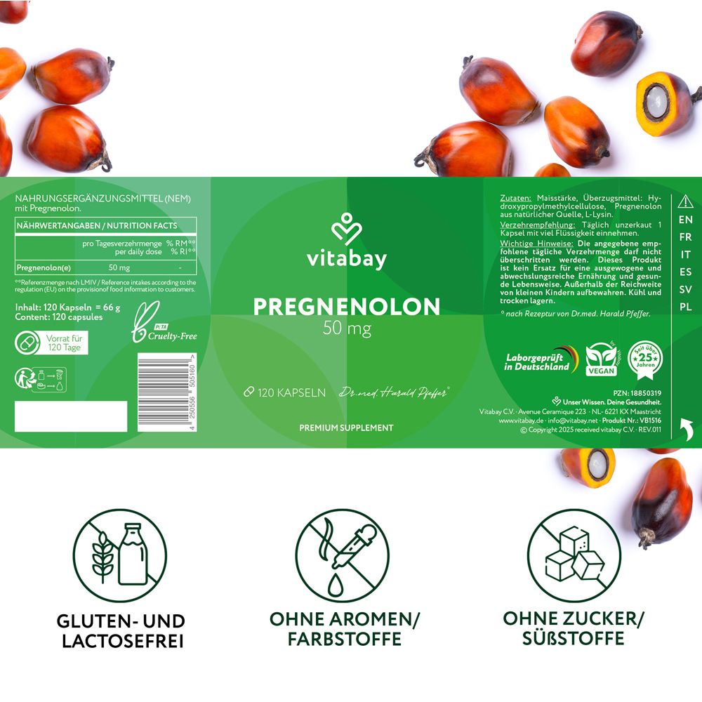 Dos de l'emballage avec informations. Texte : Pregnénolone 50 mg, 120 gélules. Sans gluten et sans lactose.