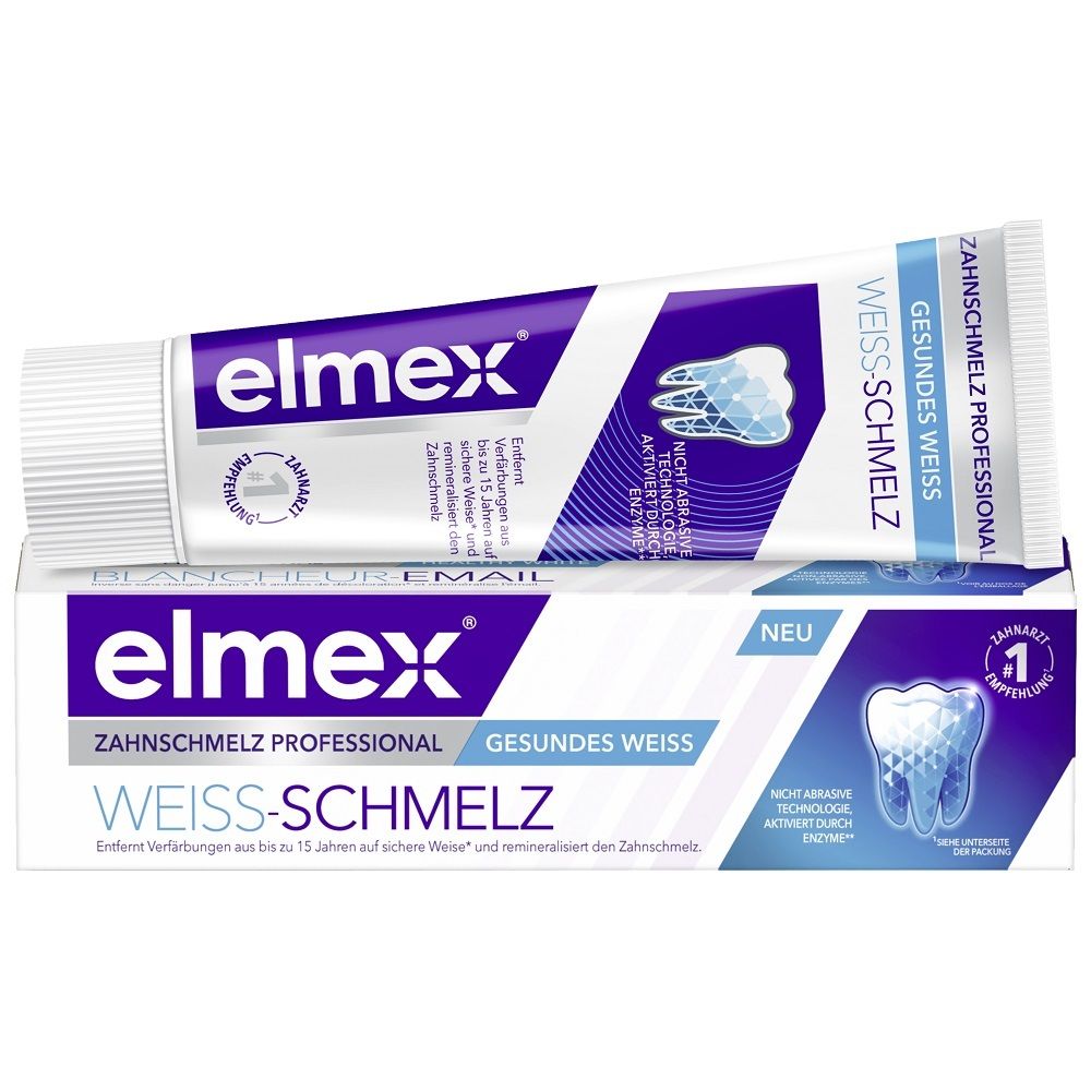 Tube et boîte de dentifrice elmex Weiss-Schmelz. Texte: Zahnschmelz Professional, Gesundes Weiss. Couleur: blanc, violet et bleu.