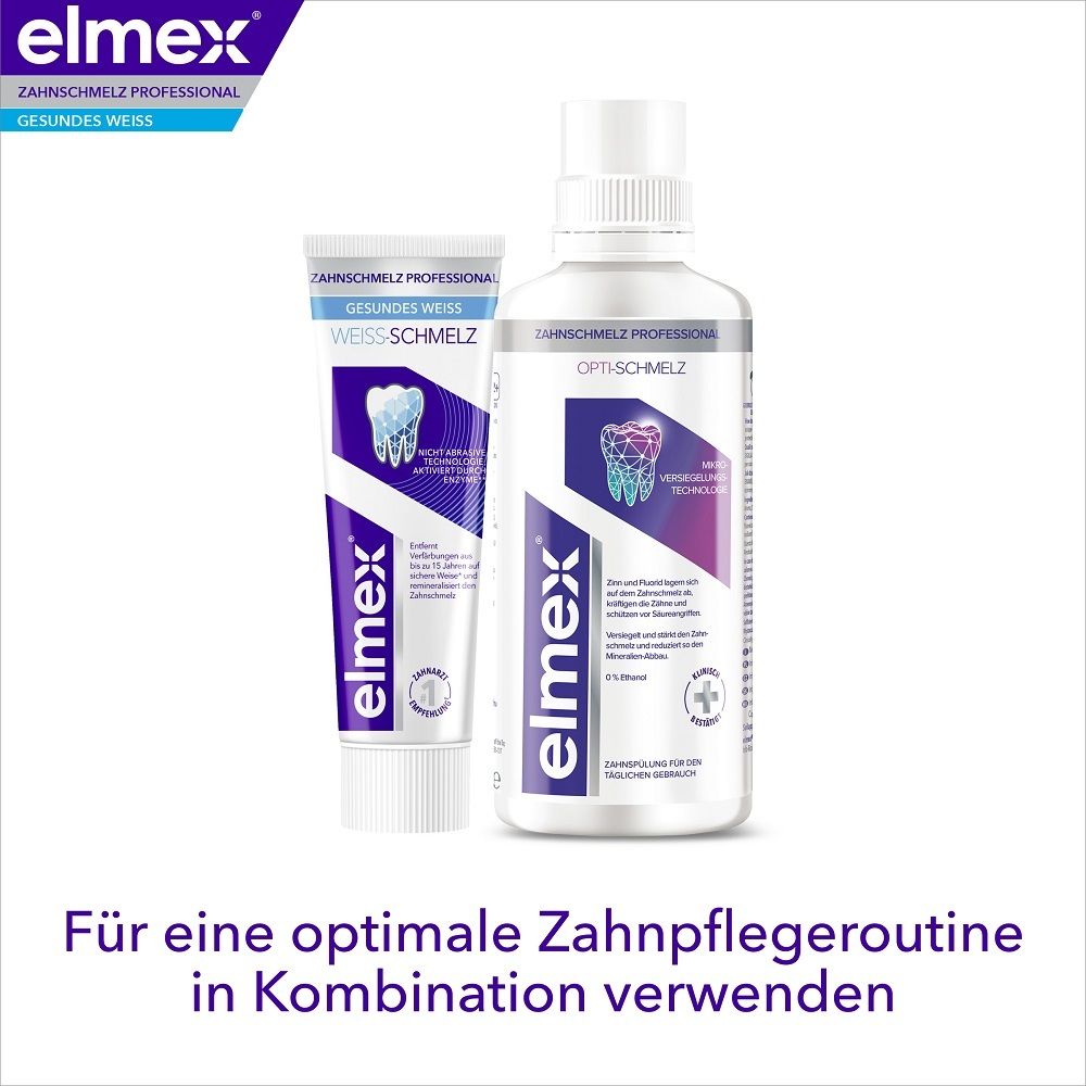 Tube de dentifrice et bain de bouche. Marque: elmex. Produits: Weiss-Schmelz et Opti-Schmelz. Texte: Pour une routine bucco-dentaire optimale.