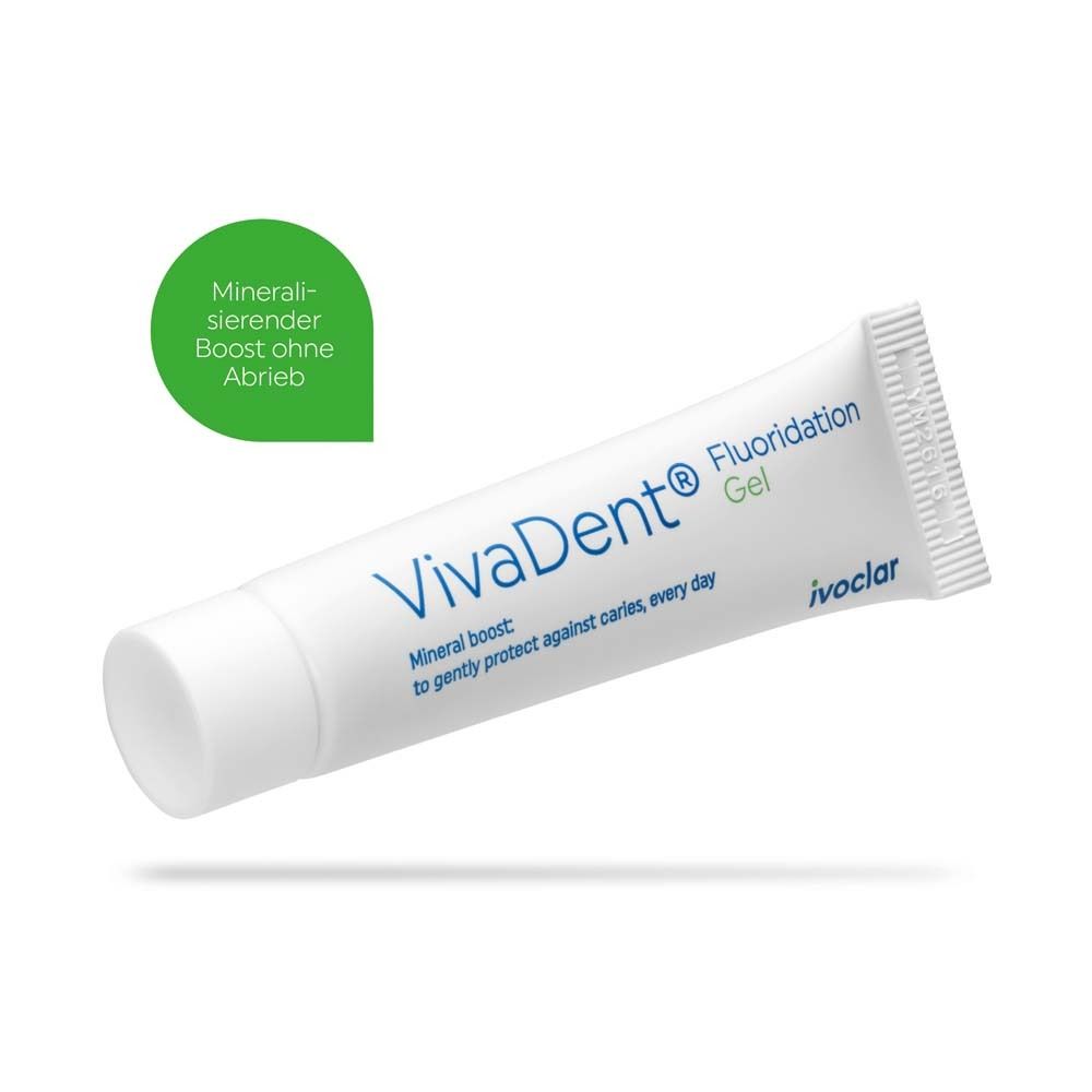 Tube de gel VivaDent® Fluoridation. Autocollant vert : boost minéral sans abrasion.
