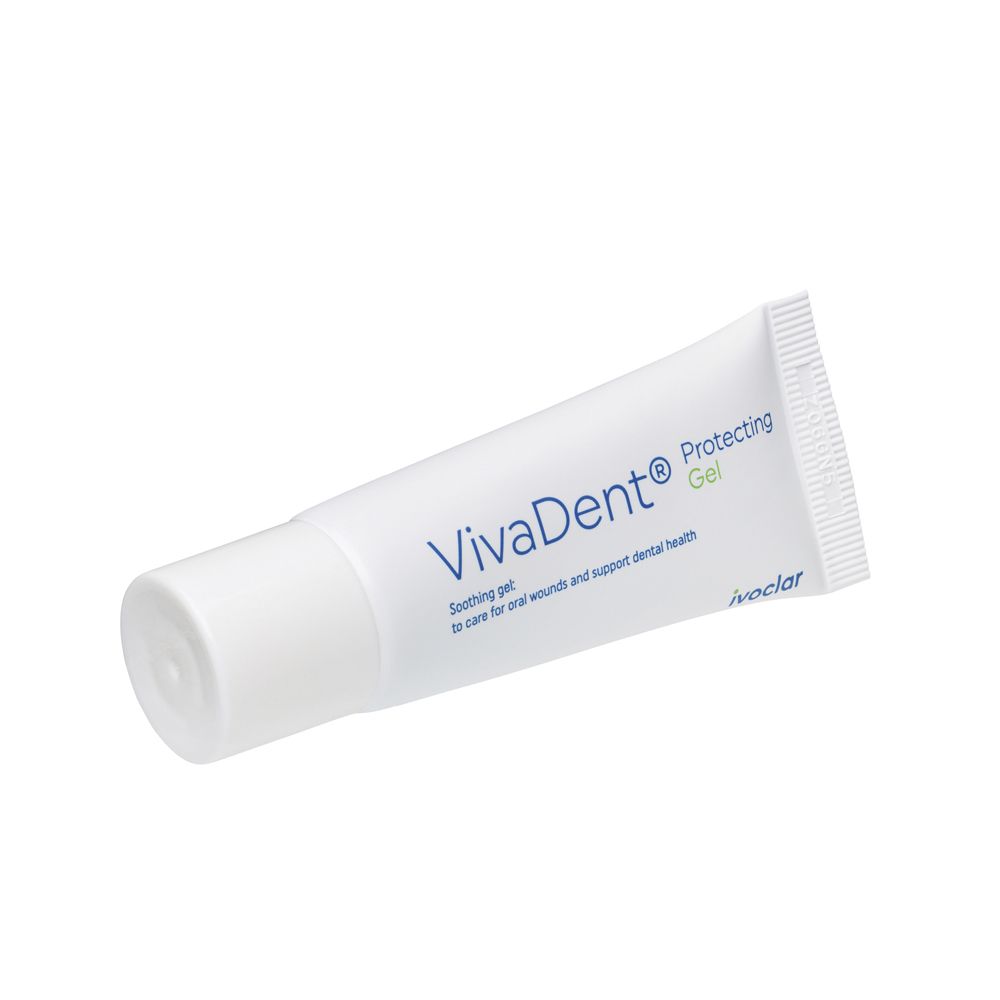 Tube de gel protecteur VivaDent, tube blanc avec inscription bleue.