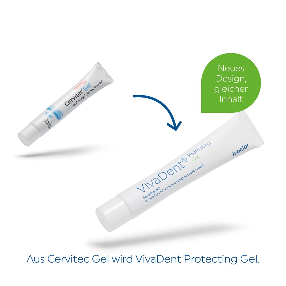Tube de gel protecteur VivaDent, remplace le gel Cervitec. Nouveau design, même contenu.