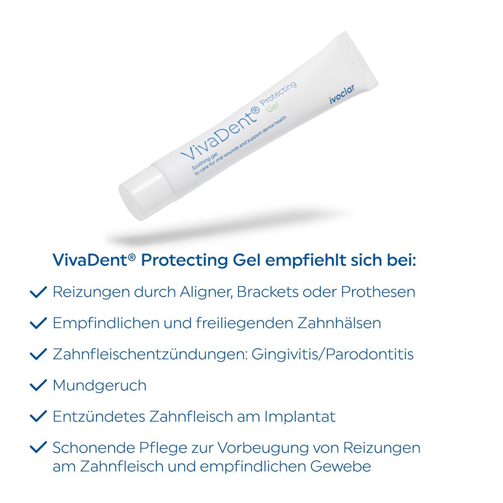 Tube de gel protecteur VivaDent. Recommandé pour les irritations, gingivites et mauvaise haleine.