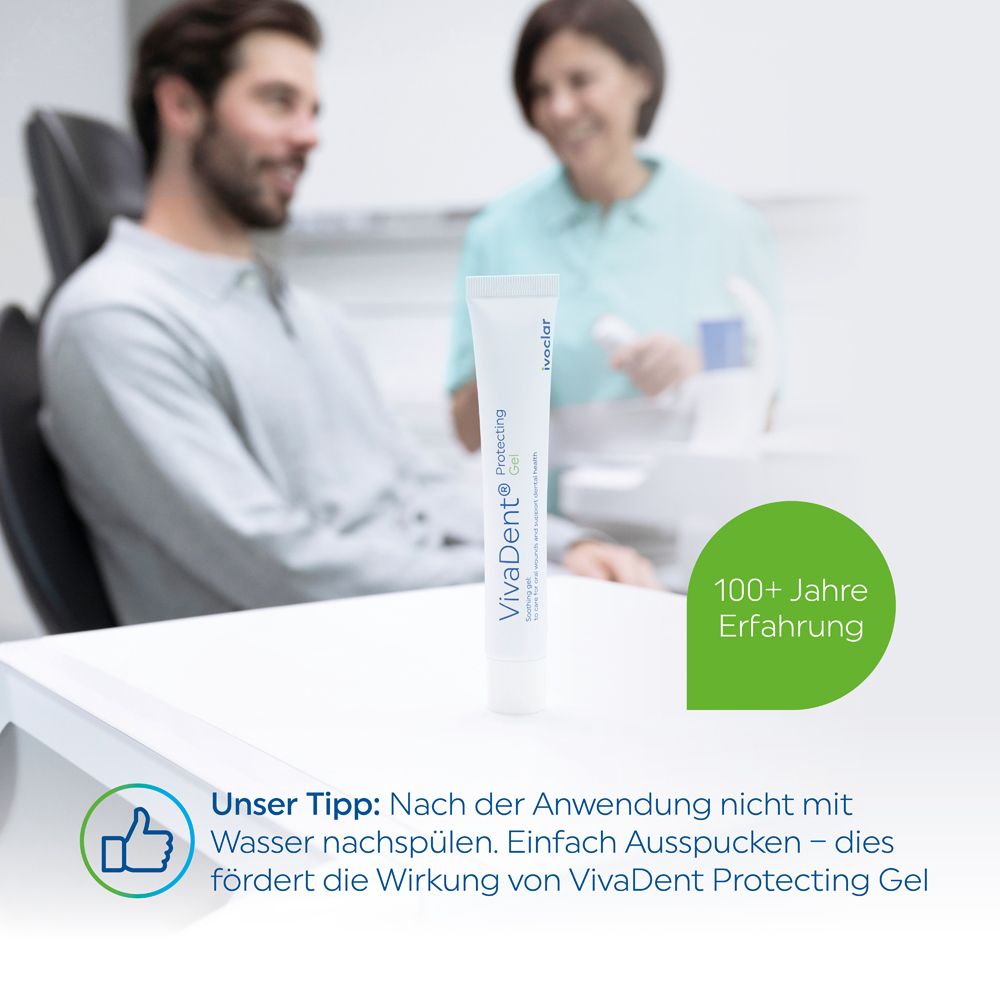 Tube de gel protecteur VivaDent sur une table. Plus de 100 ans d'expérience en dentisterie.